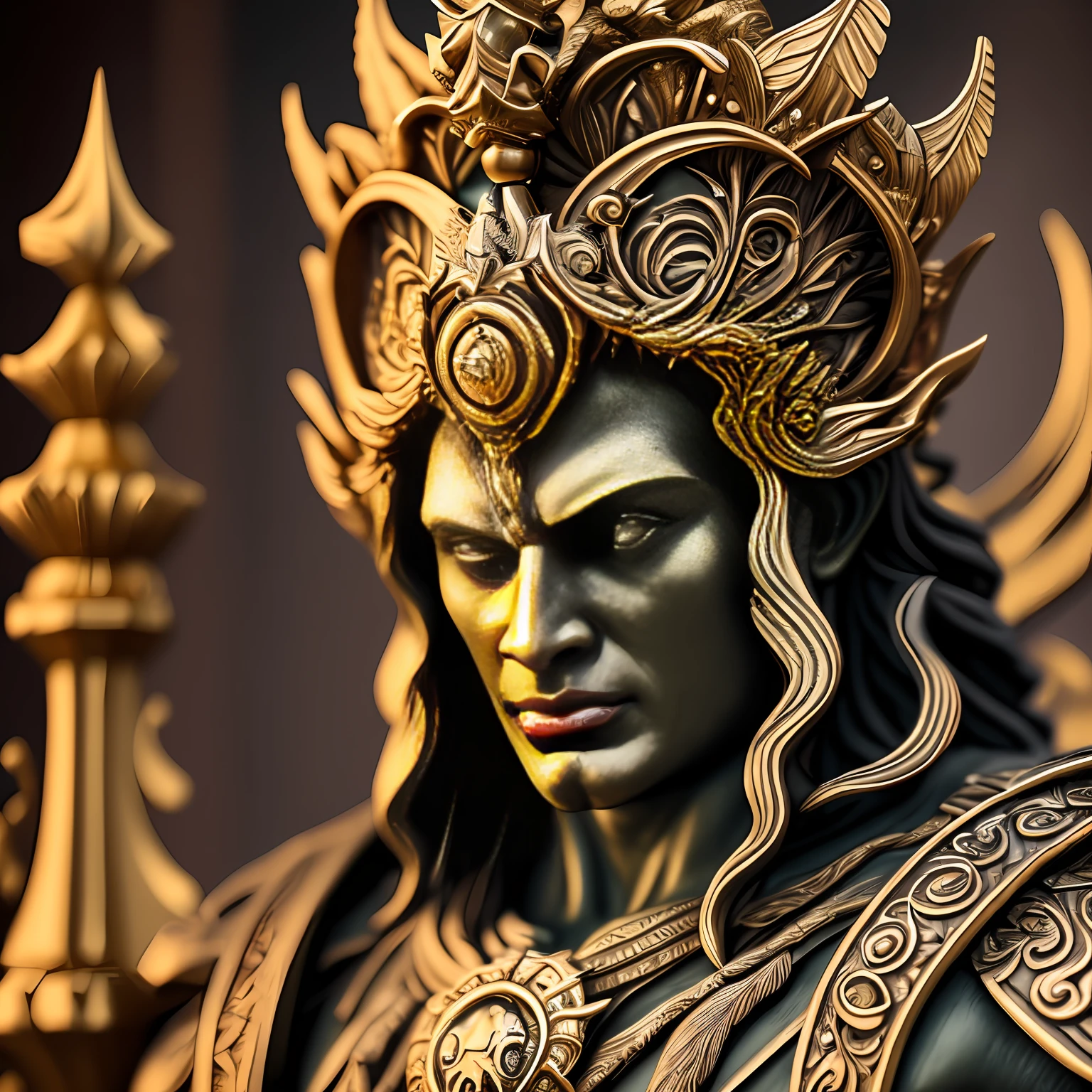 close up of a statue of a GOD with a crown on his head, Demon. Extremely high detail shot with the best camera equipment available, beautiful male God of Death, Demon, unreal engine render + GOD, extremely detailed god shot, featured on contest winners, hyperdetiailed character, 3d sculture octane render 16k, Gold and Black Metal, Extreme Depth, Masterpiece.