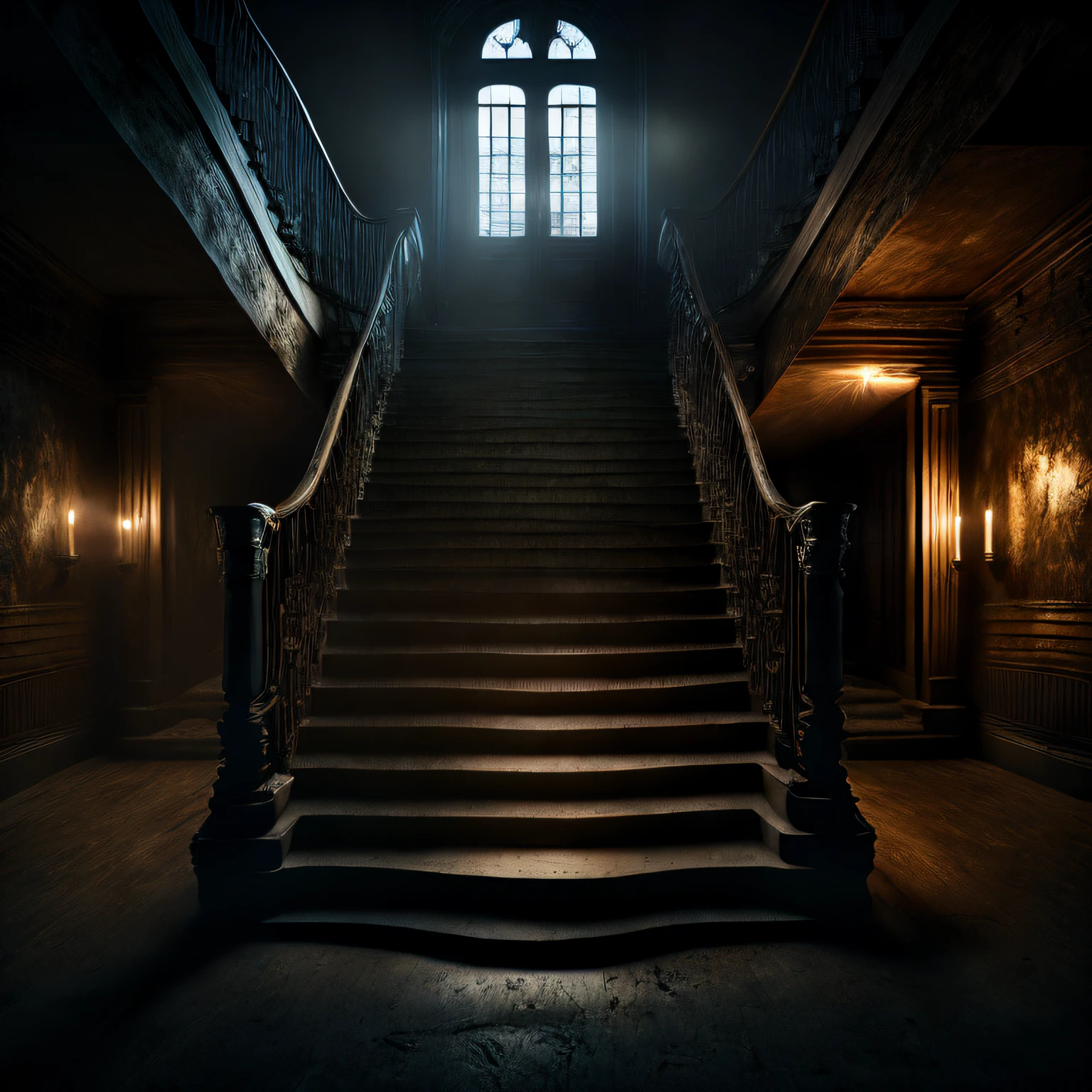 masterwork, best qualiy, 8K, Highresolution, absurdres, Realstic, real life, photos, ray traicing, Perfect Lighting, , ultra-Realstic, Scary dark staircase, Film Grain, horror\(theme\), Wooden flooring, Candlelight, A dark, dusty, abandoned, Peel off wallpaper,