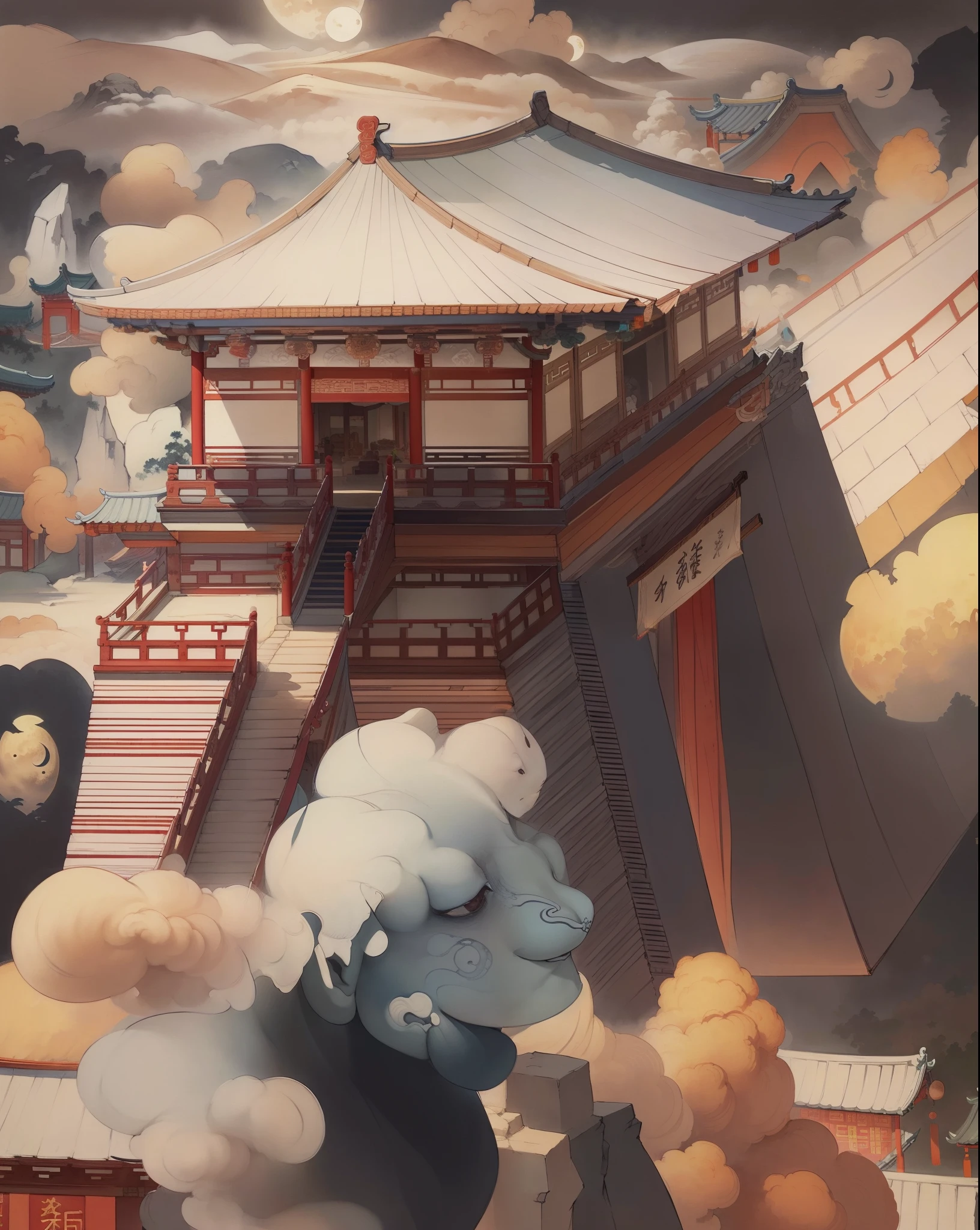 Ancient Chinese landscapes,ancient buildings,Pavilions,Carved beams and paintings,enchanting scenery,night,moon rays,Layered, rich light and shadow,mid-autumn festival, Ink painting style,Clean colors,Low-saturation colors,Colors of low brightness,Decisive cut,Leave white space,Freehand,master-piece,is super detailed,Epic composition, Maximum quality,The ultra-Realistically,Art by Artgerm --v 6