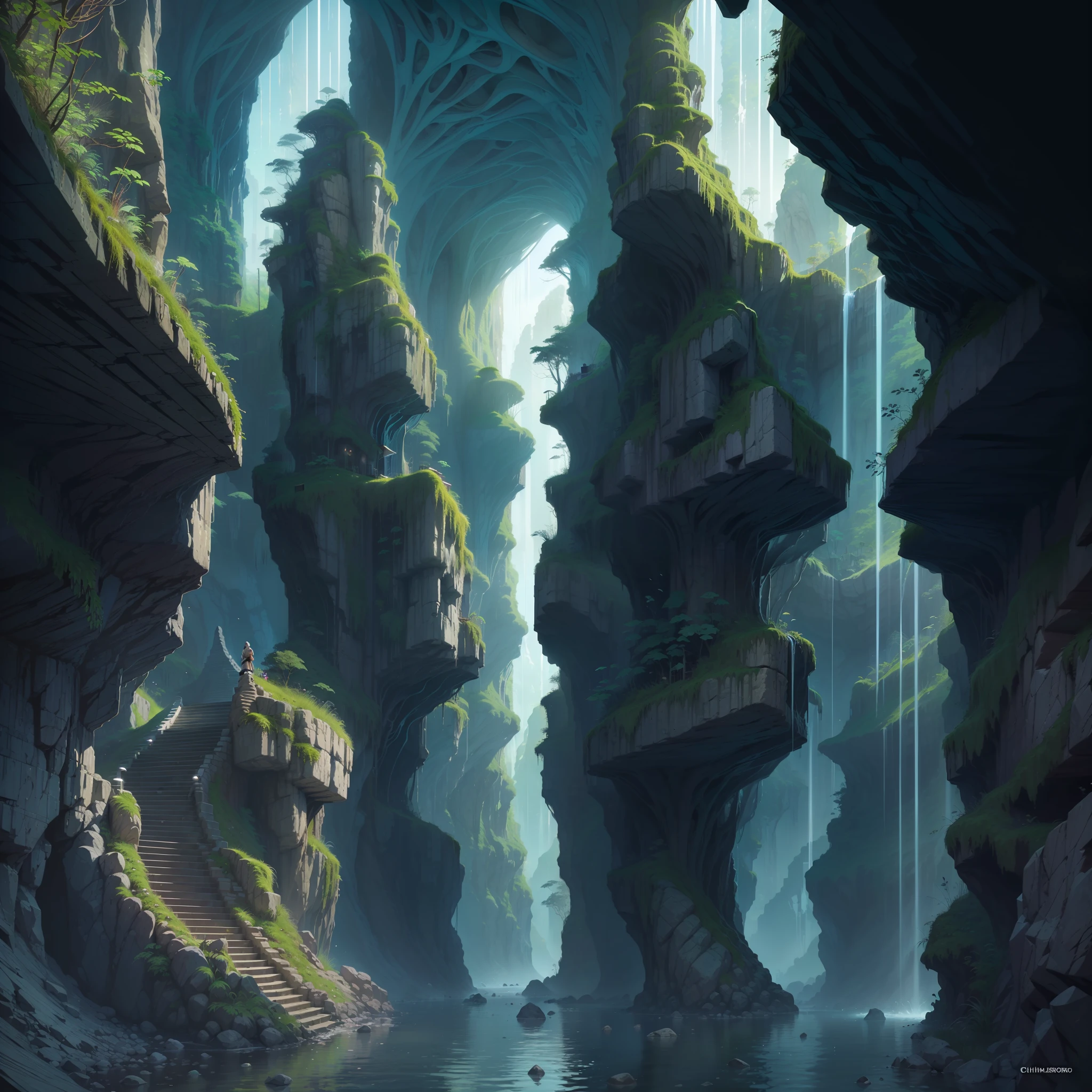 :an awesome sunny cheerful day environment concept art of Futuristic design of cave architecture interiors concept art on grand Canyon caves nature architecture, proportional,detailed, cave architecture nature meets futuristic architecture on a rainforest jungle cliff with huge waterfalls,Crepuscular rays, nature meets modern architecture in the style of Aries Moross, Rem Koolhaas,Daniel Libeskind, Jean Nouvel, Paolo Soleri,Toyo Ito and Philip Johnson with Dry brush drawing style ,Chiaroscuro village,cliff side residential area, mixed development,nature architecture,bright colors,high rise made up staircases, balconies, full of glass facades,carved from rocks, masterpiece, proportional, detailed, trending on artstation, beautiful lighting, realistic, intricate