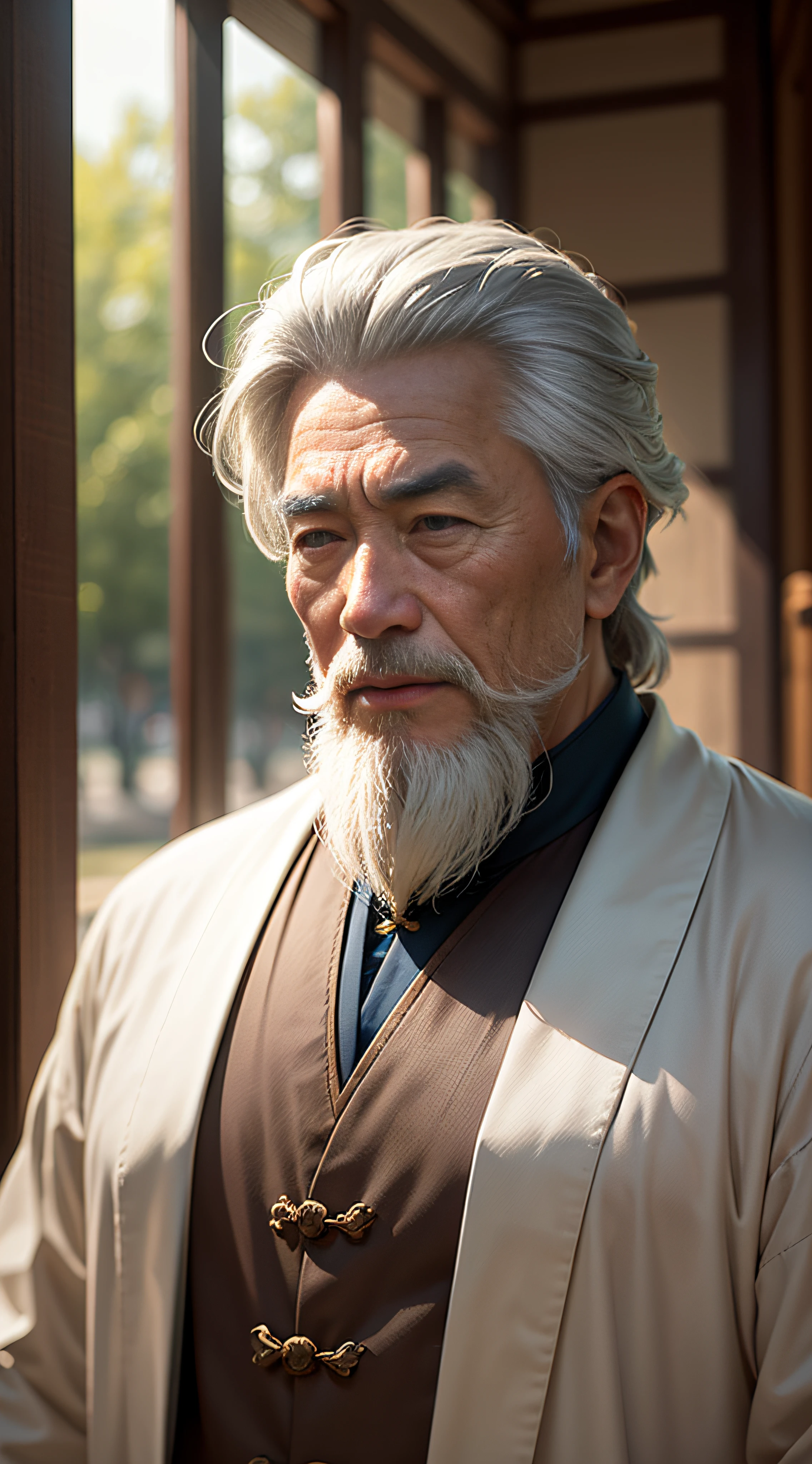 An ancient Chinese gentleman full of wisdom，Gray hair，Have a beard，Kind eyes，Dressed in cloth，Upper Bust，Front lens，The background is a blurred wood，The light is dark，In the early evening
