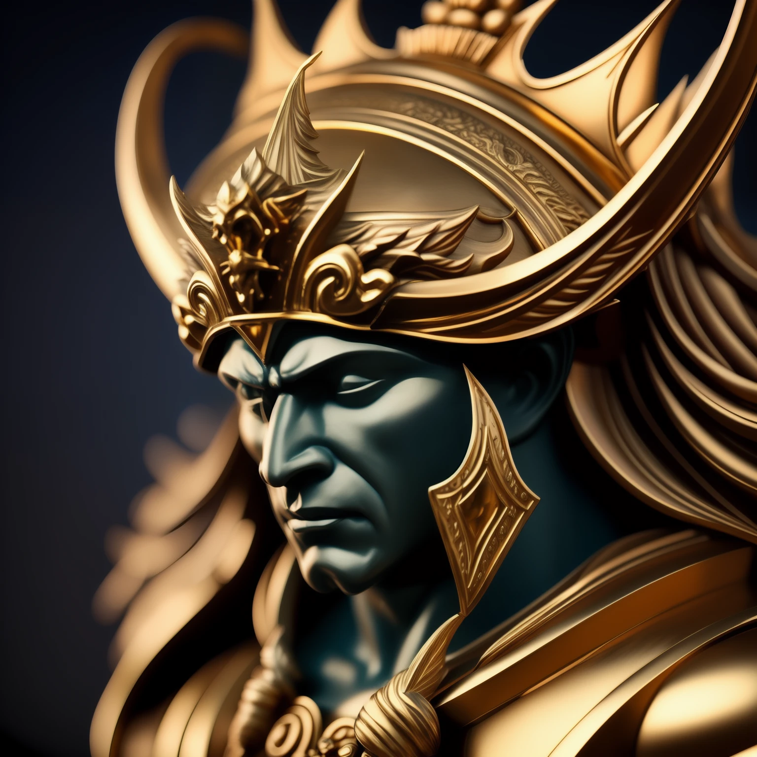 close up of a statue of a GOD with a crown on his head, Demon. Extremely high detailed shot with the best camera equipment available, beautiful male God of Death, Demon, unreal engine render + GOD, extremely detailed god shot, gold eyes, featured on contest winners, hyperdetiailed character, 3d sculture octane render 16k, Gold and Black Metal, Masterpiece.