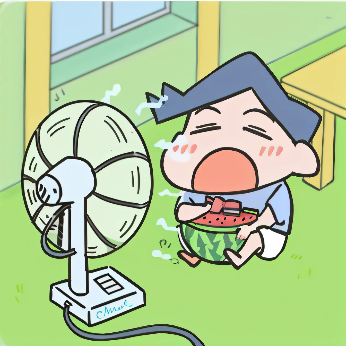 A cartoon of a boy holding half a watermelon and an electric fan, scorching weather, scorching weather, scorching weather, cooling, sweltering heat, hot and humid, daily life, hot summer day, desk fan, hot summertime, cool temperature, humid, scorching heat, it is afternoon, water-cooled, hot temperature, very sunny weather, lofi