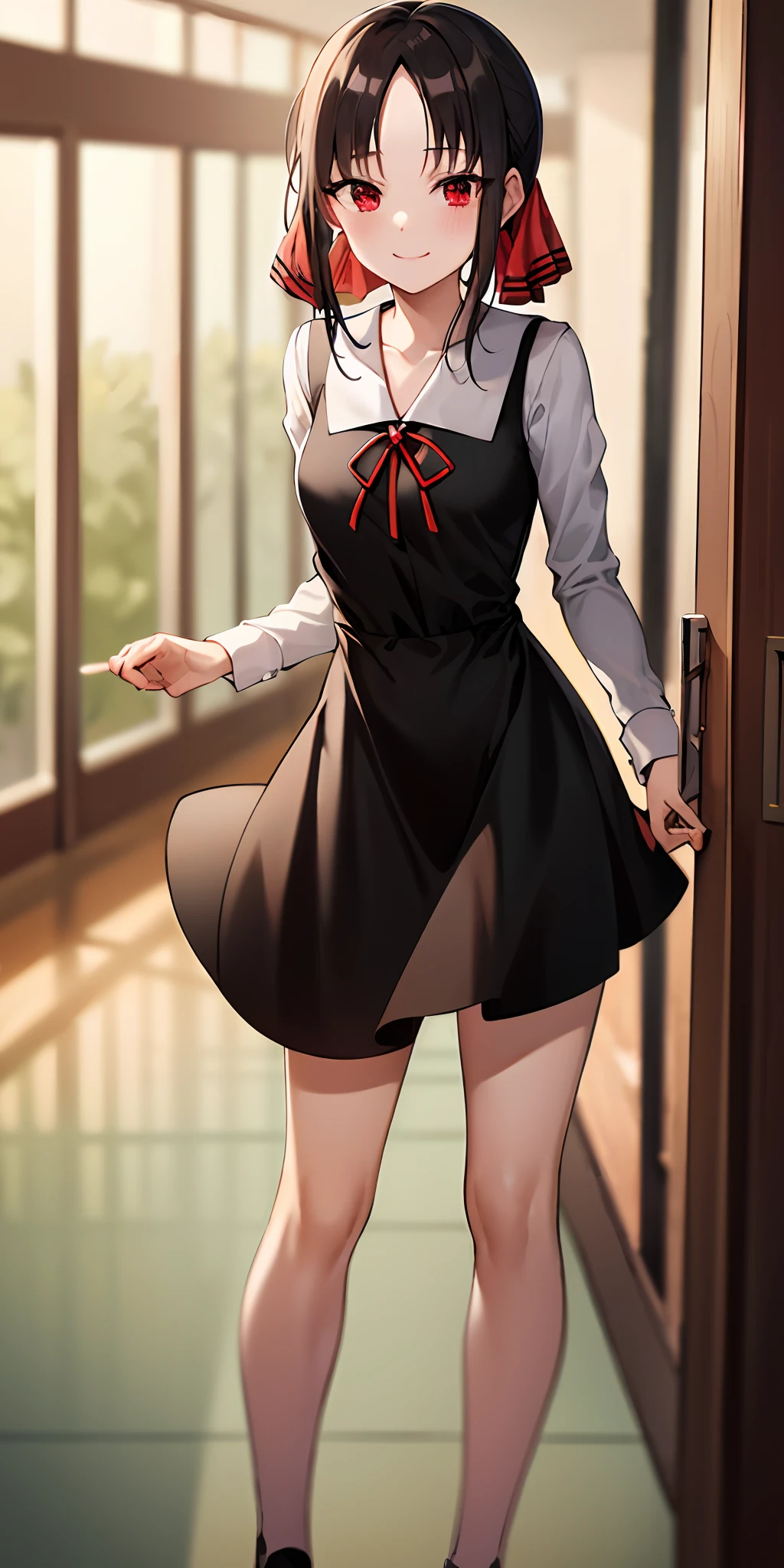 2d, masterpiece, best quality, anime, highly detailed, cowboy shot, 1girl, solo, shinomiya kaguya, red eyes, black hair, hair ribbon, red ribbon, school uniform, short dress, long sleeves, small breasts, standing, indoors, hallway, smile