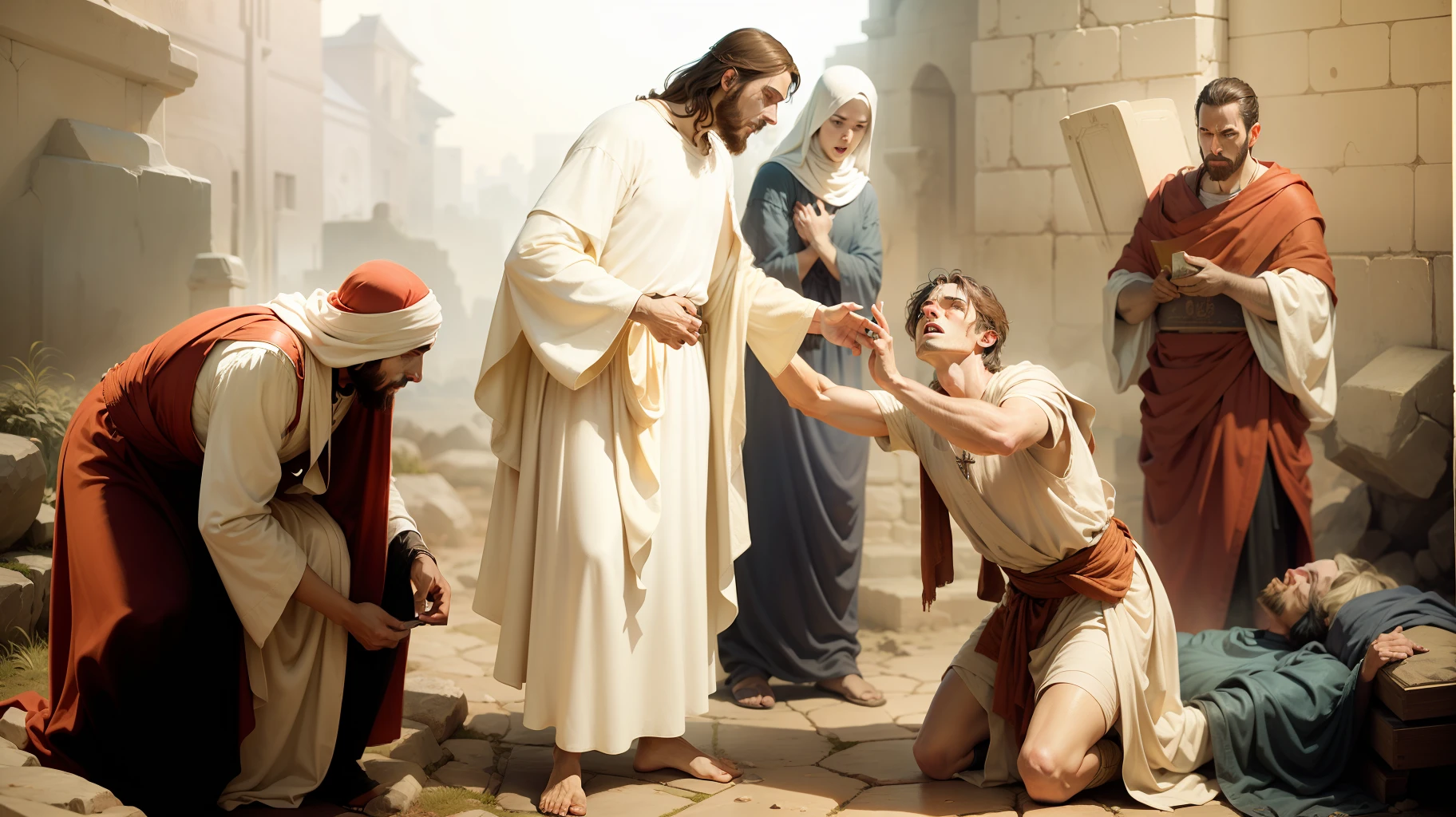 Jesus heals the paralyzed and demon-possessed dumb, bible illustration, epic biblical representation, imagem super realista, cinematic lighting, beautiful depiction, realistic, 4k, hdr