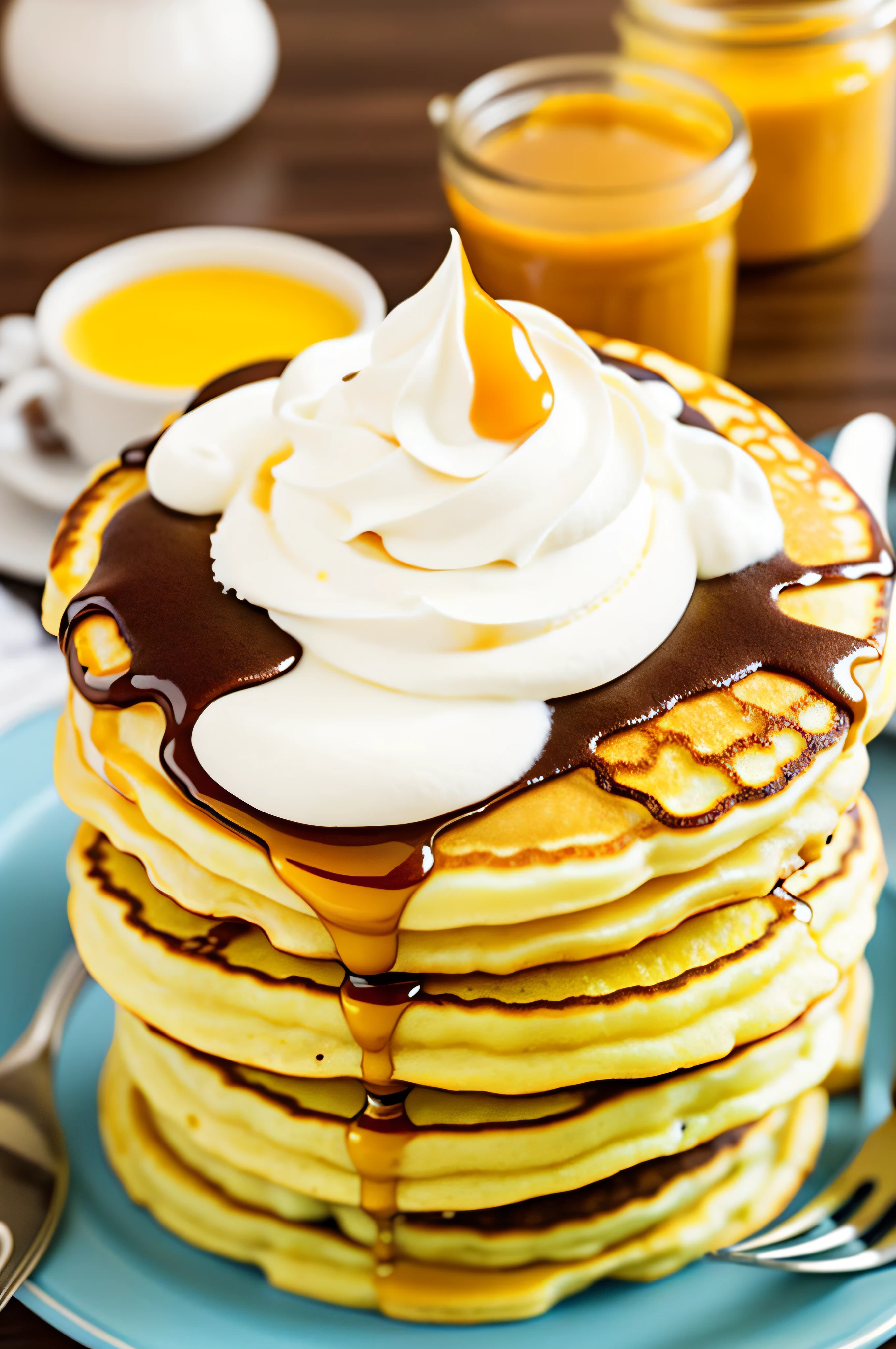 Whipped cream on top２There are stacks of two pancakes, whipped cream on top, whipped cream, cream, kek, Cute:2, Japanese, marmalade, vanilla, yummy, caramel, dessert, honey, pancake short large head, sponge, basic, , Japan, high-detaild, recipe,  warm,