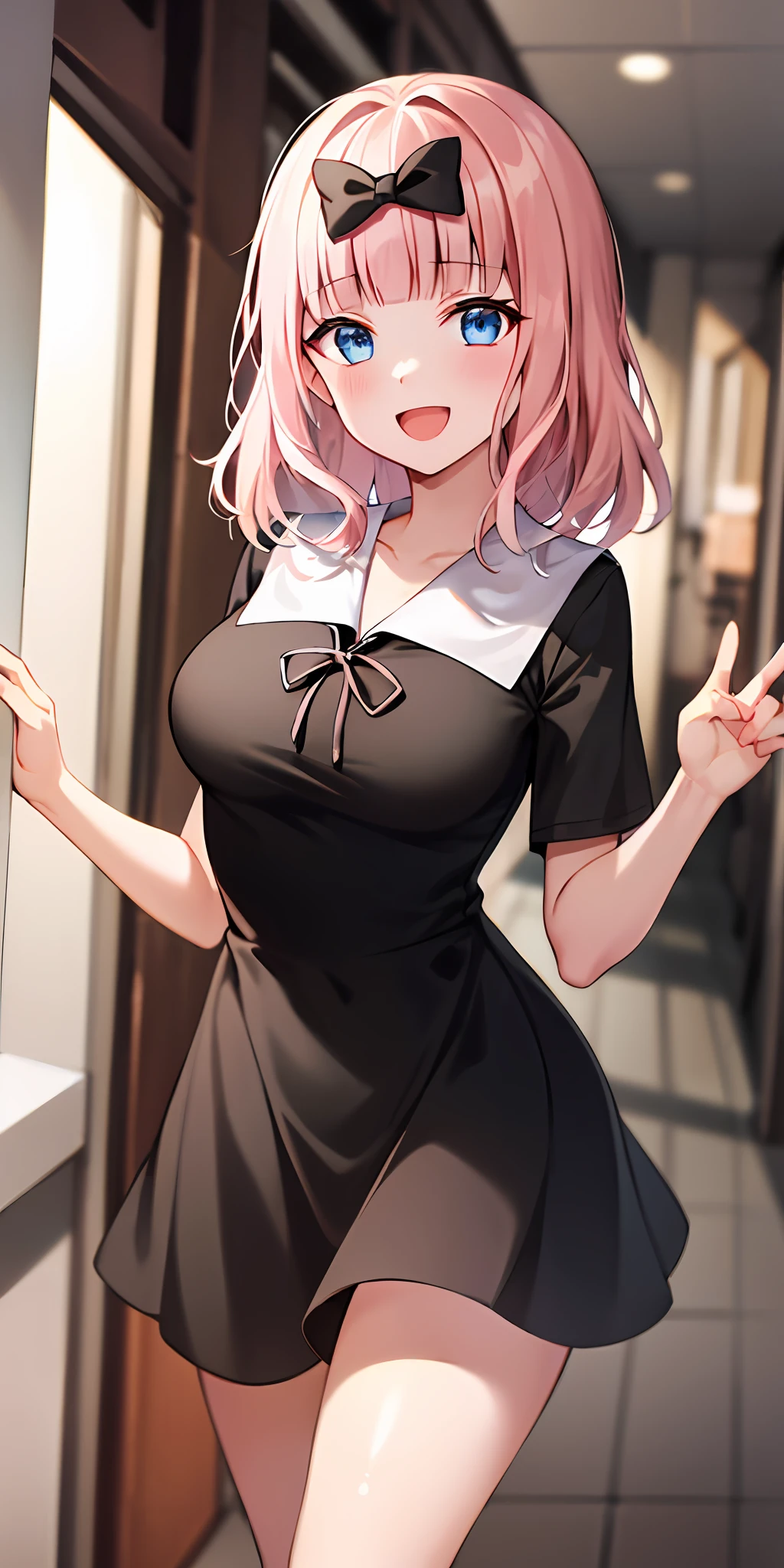 2d, masterpiece, best quality, anime, highly detailed, cowboy shot, 1girl, solo, fujiwara chika, blue eyes, pink hair, hair bow, black bow, school uniform, summer uniform, large breasts, standing, indoors, hallway, :d