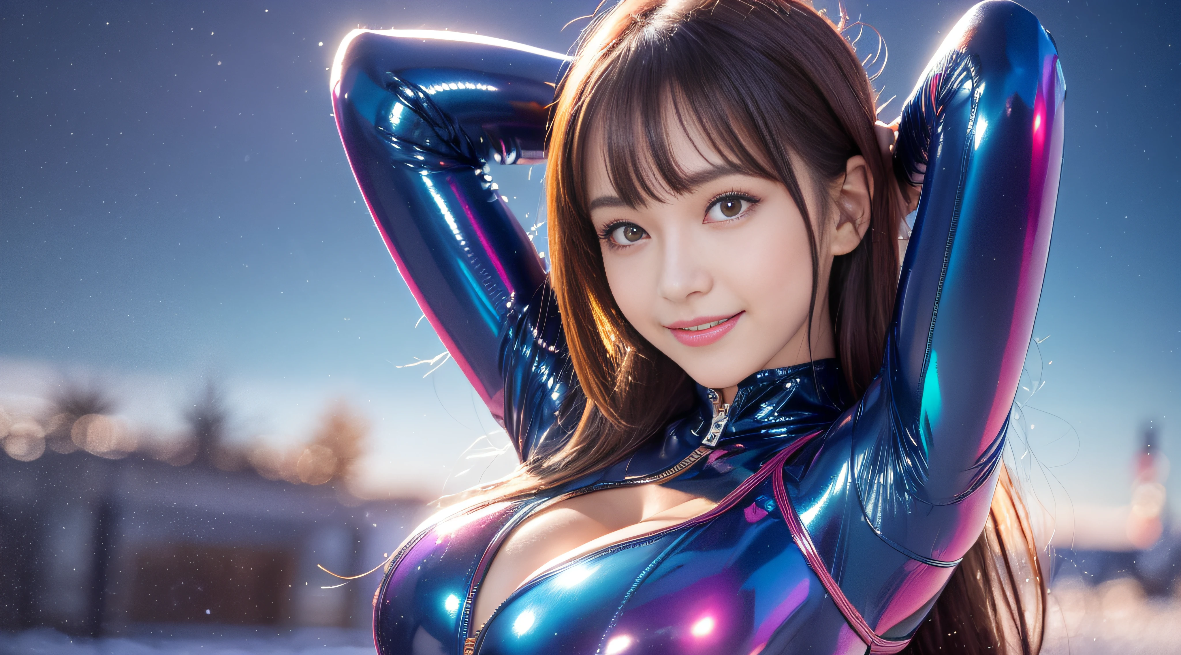 (RAW Photos, Best Quality, Masterpiece: 1.2), (Realistic, Photoreal: 1.4), (Masterpiece: 1.4), (Best Quality: 1.4), 1 Girl, Solo, :d, Arm Up, Bangs, Blush, Bodysuit, Chest, Bunny Pose, Cowboy Shot, Cropped Jacket, Gloves, Outdoor, Morning, Snow, Hair Intake, Impossible Bodysuit, Impossible Clothes, Jacket, Big, Latex, latex bodysuit, look viewer, big breasts, blue bodysuit, shiny clothing, shrug \(clothing\), side locks, skin tight, smile, thigh gap, thigh, alice \(nikke\), (shiny skin), real,