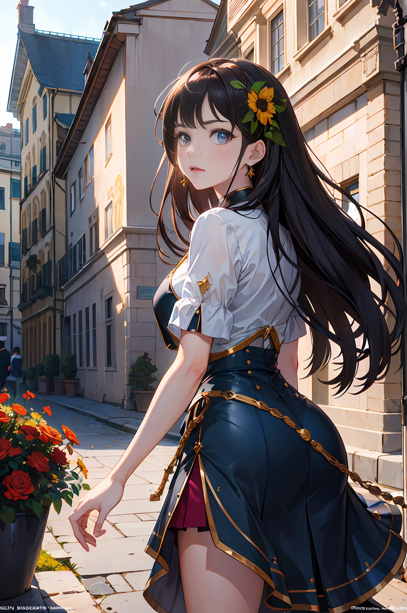 Model shooting style, (extremely detailed CG Unity 8k wallpaper), full-shot body photo of the most beautiful artwork in the world, stunning beautiful photo realistic available, super realistic super detailed photo, a beautiful girl as a female dancer on the streets of Florence, complex dress, banquet, [slight smile],(Chateau de Versailles, Pisa Baptistery Of St. John background, Flowers,navel,crowd),(princess eyes, shining pupils), detailed symmetrical beautiful hazel eyes, detailed gorgeous face, highly detailed, Vibrant, professional majestic oil painting by Ed Blinkey, Atey Ghailan, Studio Ghibli, Jeremy Mann, Greg Manchess, Antonio Moro, ArtStation Trends, CGSociety Trends, Complex, High Detail, Sharp Focus, Dramatic, Realistic Painting Art, by Midjourney and Greg Written by Rutkowski