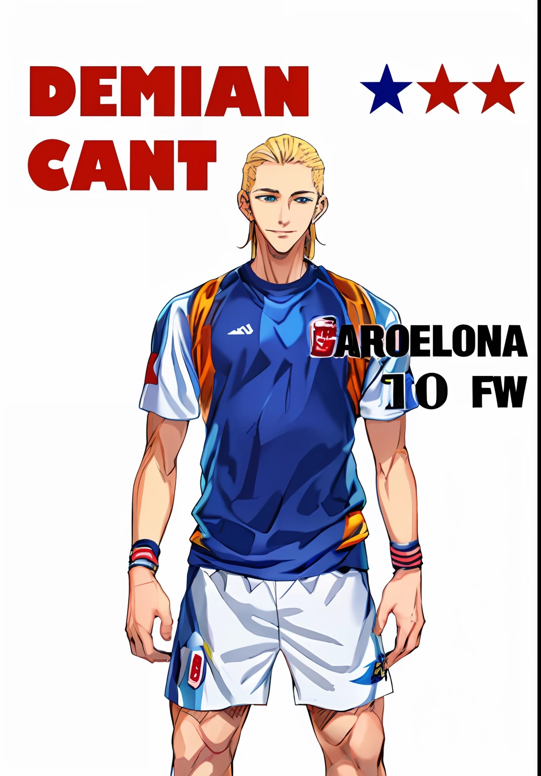 1boy, blonde hair color, blue and red uniform, black hands sleeve, male focus, solo, sportswear, star (symbol), copyright name, color manga, manga color, color manga, color manga panel, simple background, a white background