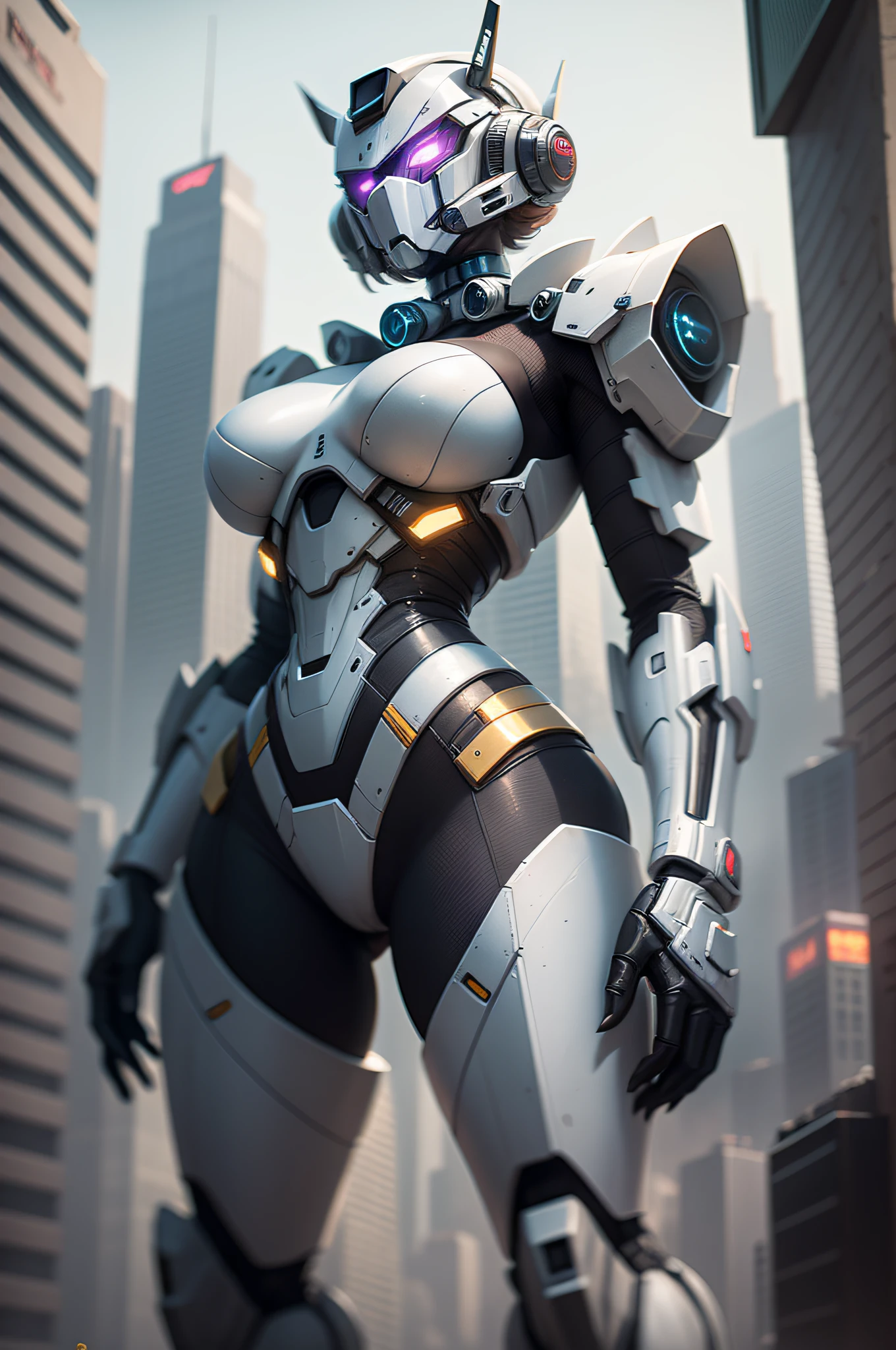 8K RAW,master-piece,best qulity,,Composition of thirds,Granules,The cyberpunk,Huge mech(Transformers,Bumblebee),arma(cannon),A girlis,yo,shorter hair,Take a photo with her mech