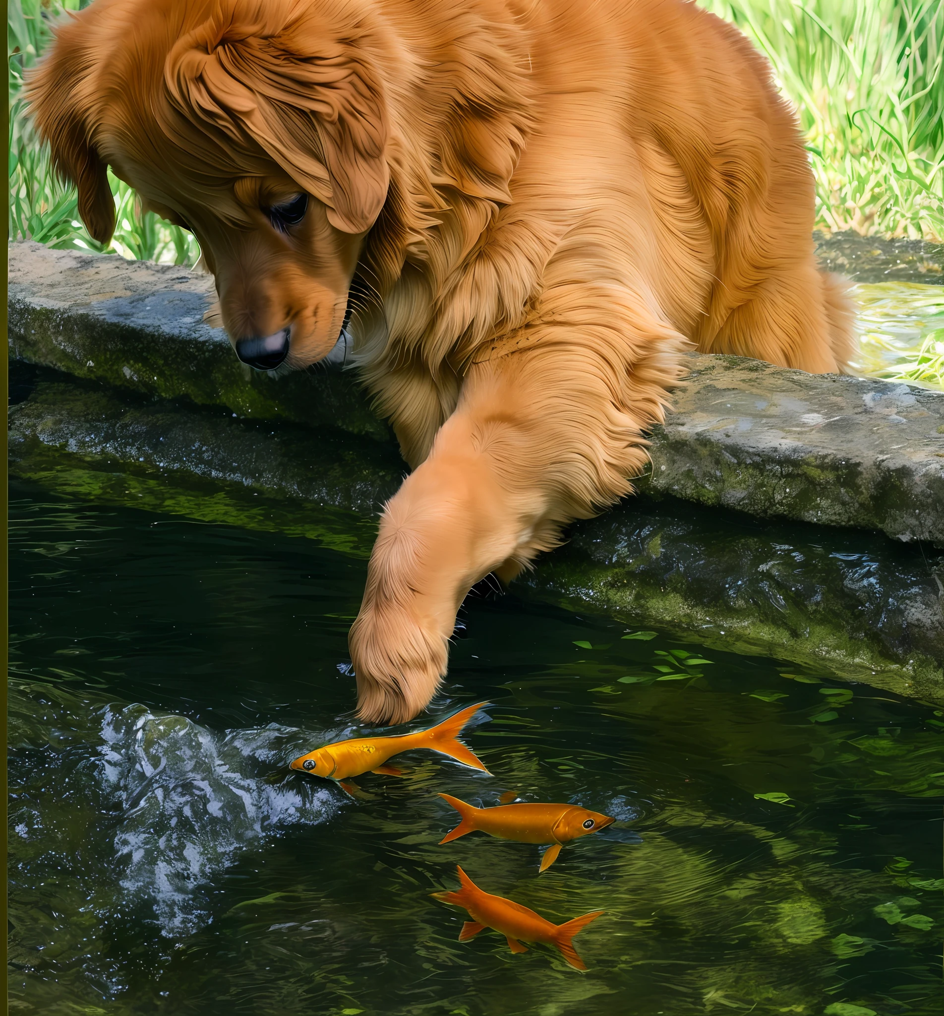 Golden retriever puppy lying on the edge of the pond watching the fish