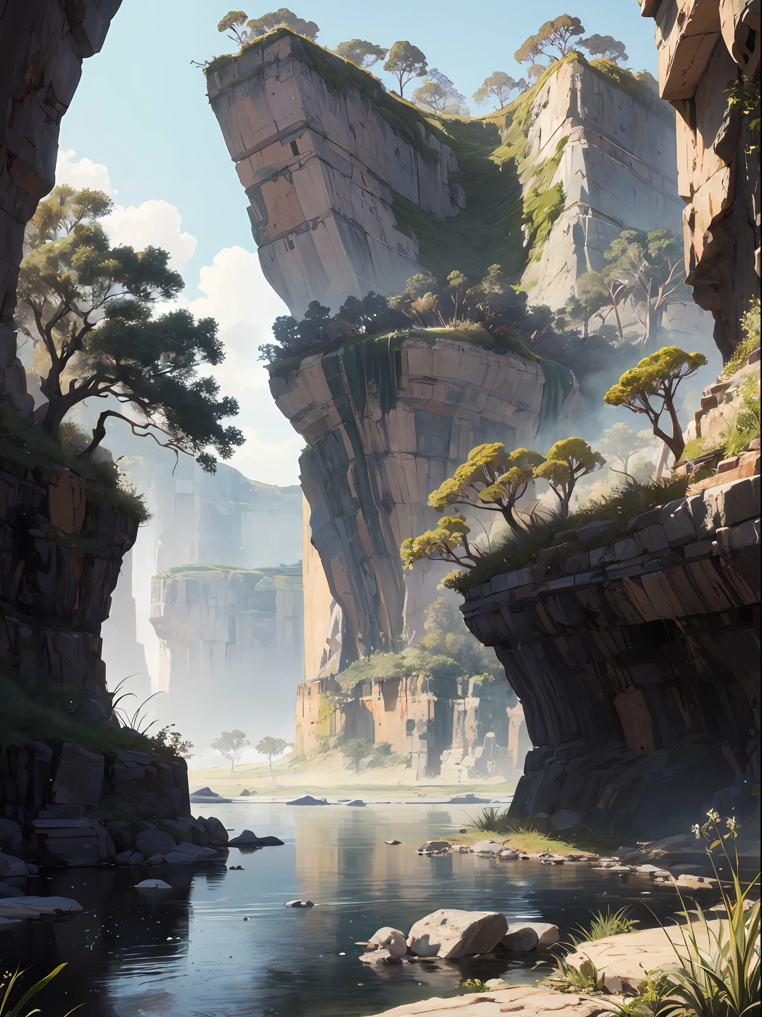 Australian red center landscape at a billabong, with towering sandstone cliff and tiny wildflowers, wet season