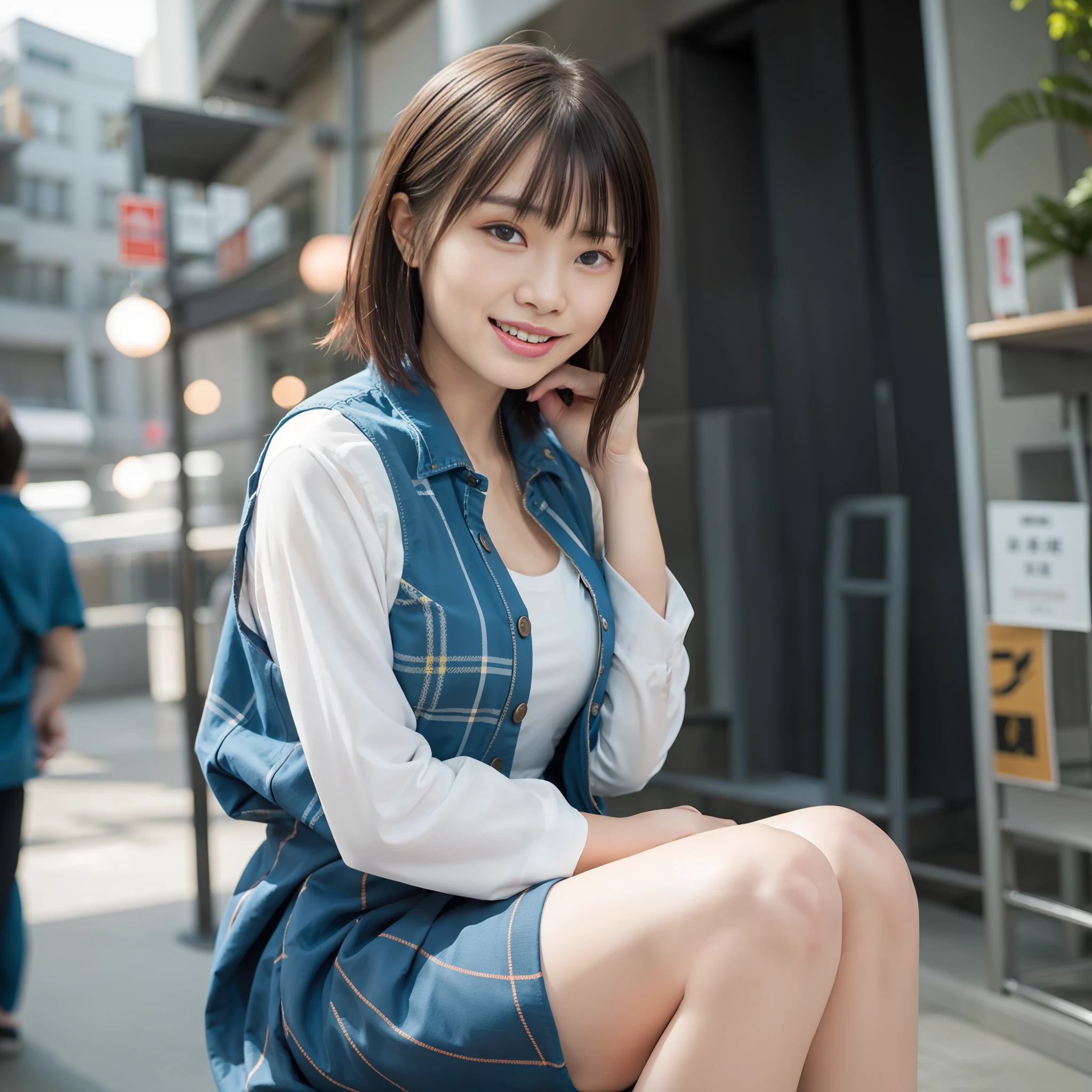 best qualiy, 8K, hml, Hi-Res, absurdres:1.2, a blurry background, vokeh:1.2, photos, (RAW Photography:1.2), (photorealestic:1.4), (masterwork:1.3), (intricate detail:1.2), 1girls, 独奏, Japan girls, Delicate and beautiful details, (Detailed eye), (detailed facial features), Shorter, Toned skin, (Looking_in a_the viewer), iz_Front, (skiny), (best qualiy:1.4), (extra high resolution:1.2), Cinema Lights, (Extreme detailed illustration), (lipgloss、best qualiy、extra high resolution、Depth-of-field、Caustics、Broadlighting、Natural Shading、85mm、F / 1.4、iso 200、1 / 160 seconds:0.75)、1girls、独奏、(((Blue Vest)))Sorrisos、((uniformed、Pleated skirt with checkered pattern、playground))、Brown hair、Bob Hair、Sareme、muscluar、slender、full - body、Detailed fingertips、one women、独奏、Dressing、Beautiful foots、Dressing、One woman