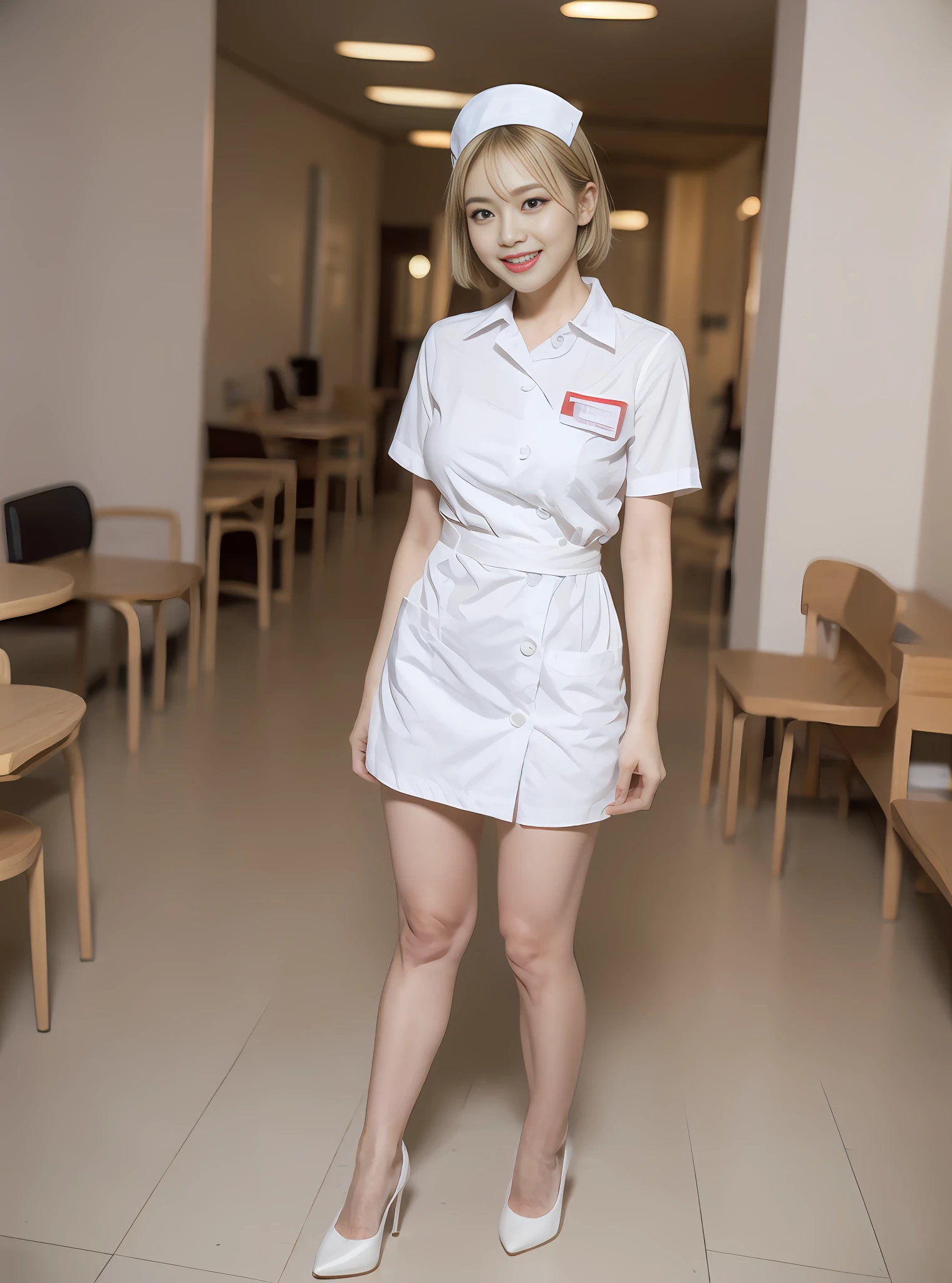 ((best qulity, 16k, high-definition，master-piece:1.3)), Young beautiful nurse，cinematography，shooting full body：1.8, 2 beauties with perfect figures:1.2, Melon seed face：1.2，Small head：1.2，Slim figure：1.5，skinny waist：1.2，Perfect figure：1.5，Slim:1.2, (( Stylish short hair，Air bangs：1.5，Medium breasts and beautiful breasts:1.2)), (Long white nurse's uniform with buttons:1.5，The nurse's uniform is super realistic and detailed：1.5，White nurse cap：1.2) , (Peaceful outpatient hall:1.3), Fair and crystal clear skin：1.5，Perfect white thighs：1.2，Fair and rounded calves：1.2，White tender toes：1.2），Fashion brand stiletto heels：1.2，Highly detailed facial and skin texture, detailed eye, Double eyelid，Whitens glowing skin，smiled：1.2，happiness：1.2，Baring teeth，Baring tongue，（urple eyes，Gloss on lips，pores，super-detail，Faces are super realistic and detailed），Wide lighting，natural shadow，Stand dignified：1.2，shooting full body：1.8