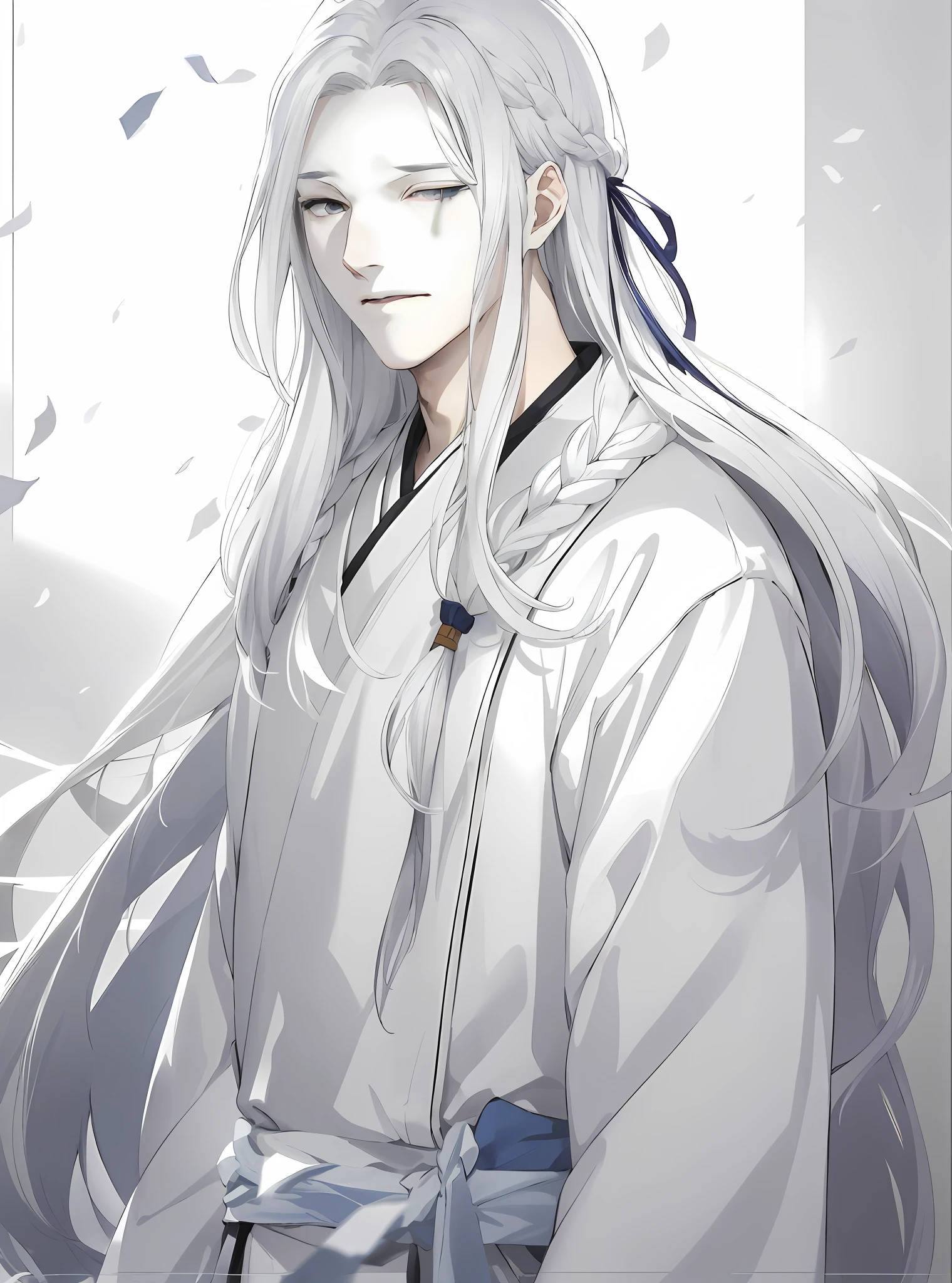 white haired deity, with long white hair, white haired, handsome guy in demon slayer art, White long hair, yee chong silverfox, concerning《Ishida art manga》, the piercing stare of yuki onna, white haired, white hair floating in air, heise jinyao,Man in a mask