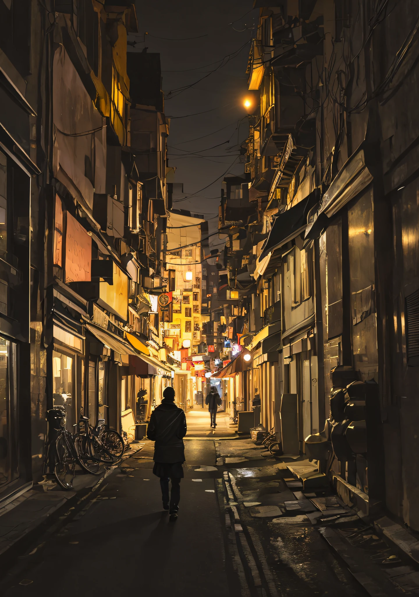 Scene of a man walking on a modern city street in the middle of the night, Golden lights --auto