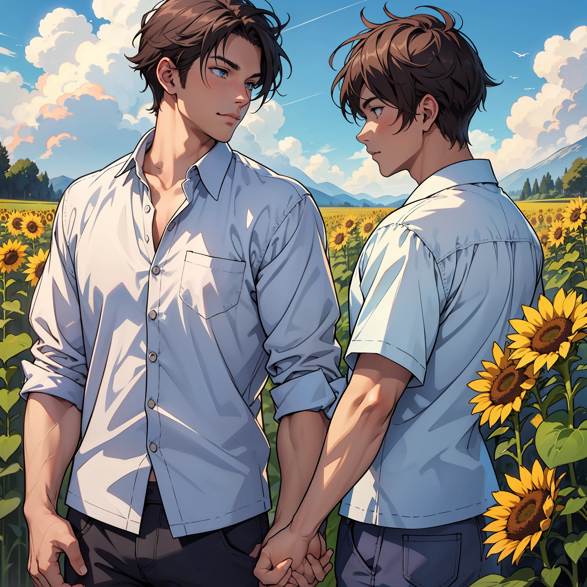 Super Detail High Quality BL anime Fine Wire, sharp outlines, soft colors, Two men, mature male couple, Sunflower field,Summer sky. cumulonimbus. Kiss hand in hand