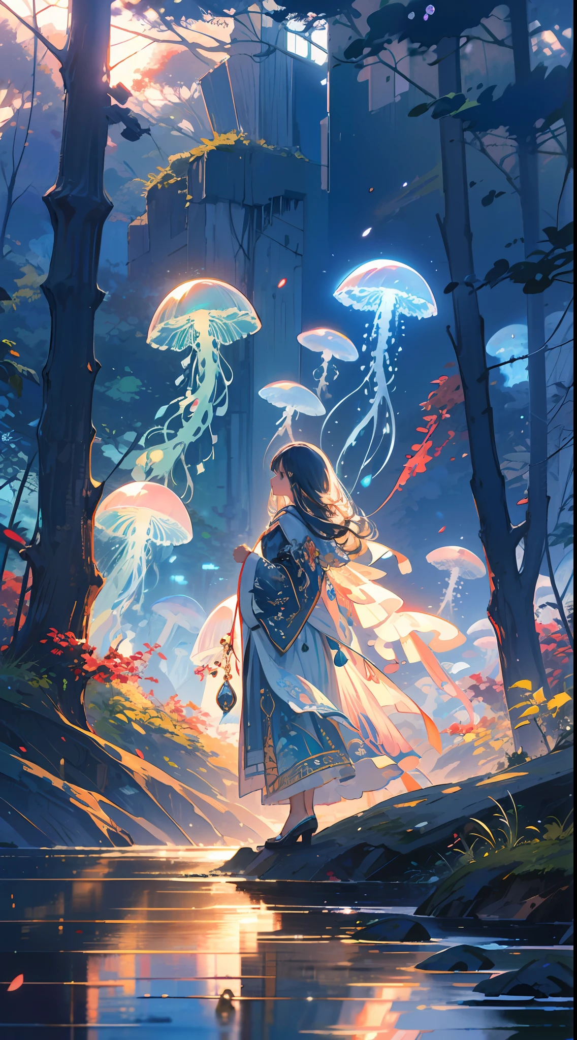 green jellyfish,(jellyfishforest:1.4), 1girl, mushroom, dress, long hair, scenery, white dress, solo, nature, water, wading, outdoors, tree, standing, black hair, fantasy, forest
