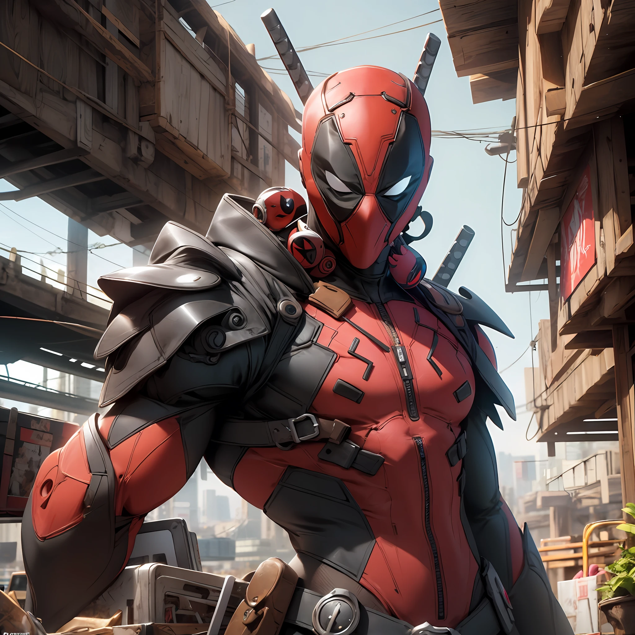 Deadpool from Marvel photography, biomechanical, hyper-realistic, Crazy little details, extremely clean lines, Cyberpunk aesthetic, a masterpiece brought to Zbrush Central