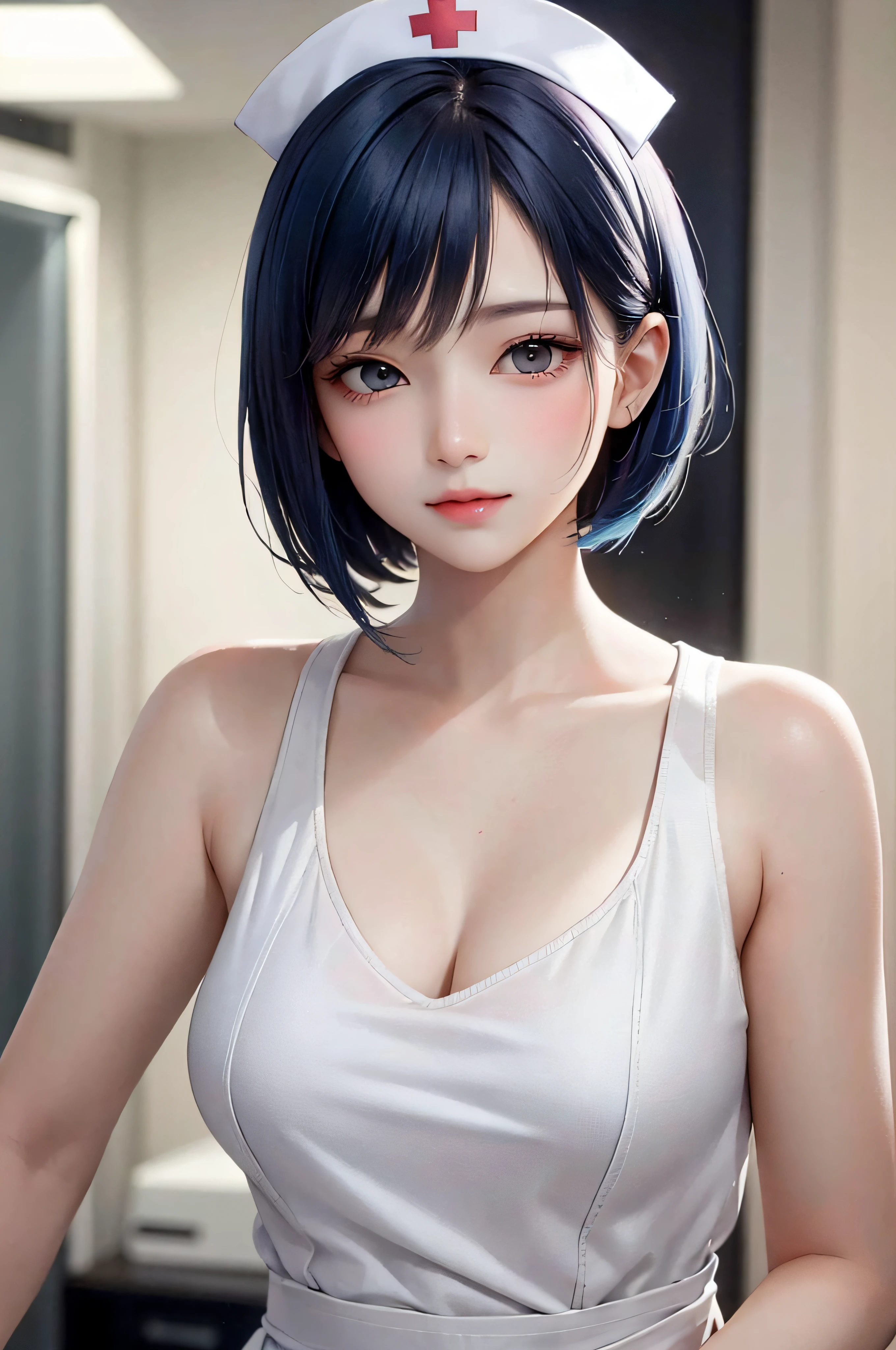 master-piece，best qulity，8K，Detailed skin texture，Lifelike，Detailed cloth texture，Beautiful detail face，Intricate details，独奏，（water colors），（hand painted），ayanami rei，Ultra-detailed，Detailed hair strands，Short blue hair，Blushlush，（Eye reflexes：1.6），（smooth，Skin reflects light），Shiny skin，pink skin，（（shadows）），Cute sexy nurse，Pose in the hospital