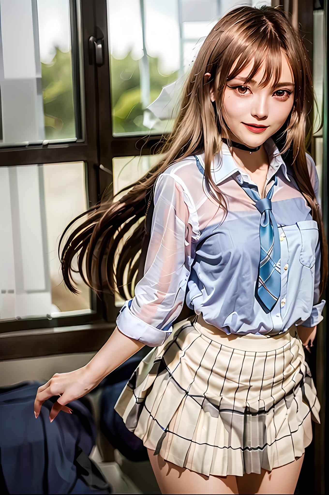 (((Marin Kitagawa))), (masterpiece, best quality), ((extremely detailed, intricate details, lush detail, insanely detailed face, beautiful red eyes, lips, detailed skin, very wide-eyed, skinny)), (( floating hair, shiny skin)), (1girl), wide hips, narrow waist, thick thighs, ((big pupil)) , nervous, ((happy, smile, long hair, younger, blush, tall, black outline, blonde hair, straight hair, seductive eyes, mature female, older, very long hair)), 1girl, toned, ((((indoors, in front of a big window, light shining through window, upper body focus)))), solo, blonde hair, school uniform, skirt, necktie, shirt, shoes, choker, jewellery, white shirt, socks, smile, brown footwear, black socks, looking at viewer, loafers, blue skirt, multicolored hair, plaid, pleated skirt, tied shirt, black choker, bangs, plaid skirt, bracelet, earrings, standing, blue necktie, grin, collared shirt, (((hands behind back, 1girl)))