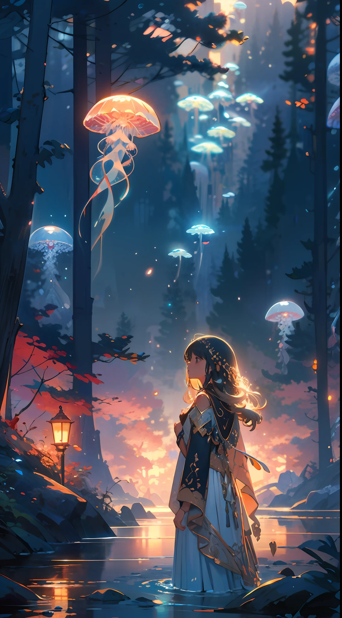 jellyfishforest, 1girl, mushroom, dress, long hair, scenery, white dress, solo, nature, water, wading, outdoors, tree, standing, black hair, fantasy, forest