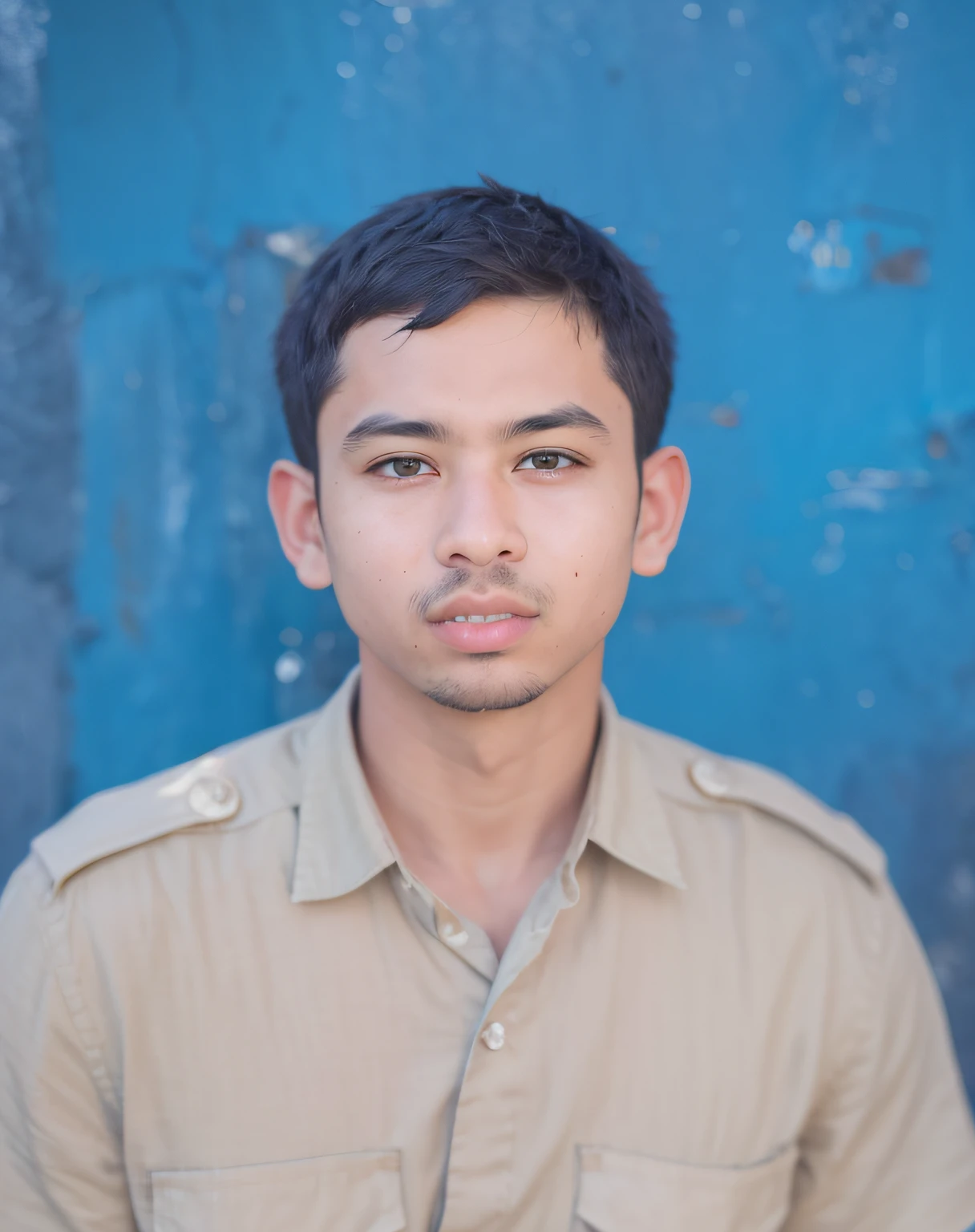 arafed man in uniform posing for a picture in front of a blue wall, around 1 9 , very clear picture, portait image, nivanh chanthara, mohamed chahin, potrait, johnatan wayshak, protrait, raden saleh, old picture, very very low quality picture, a photo of a man