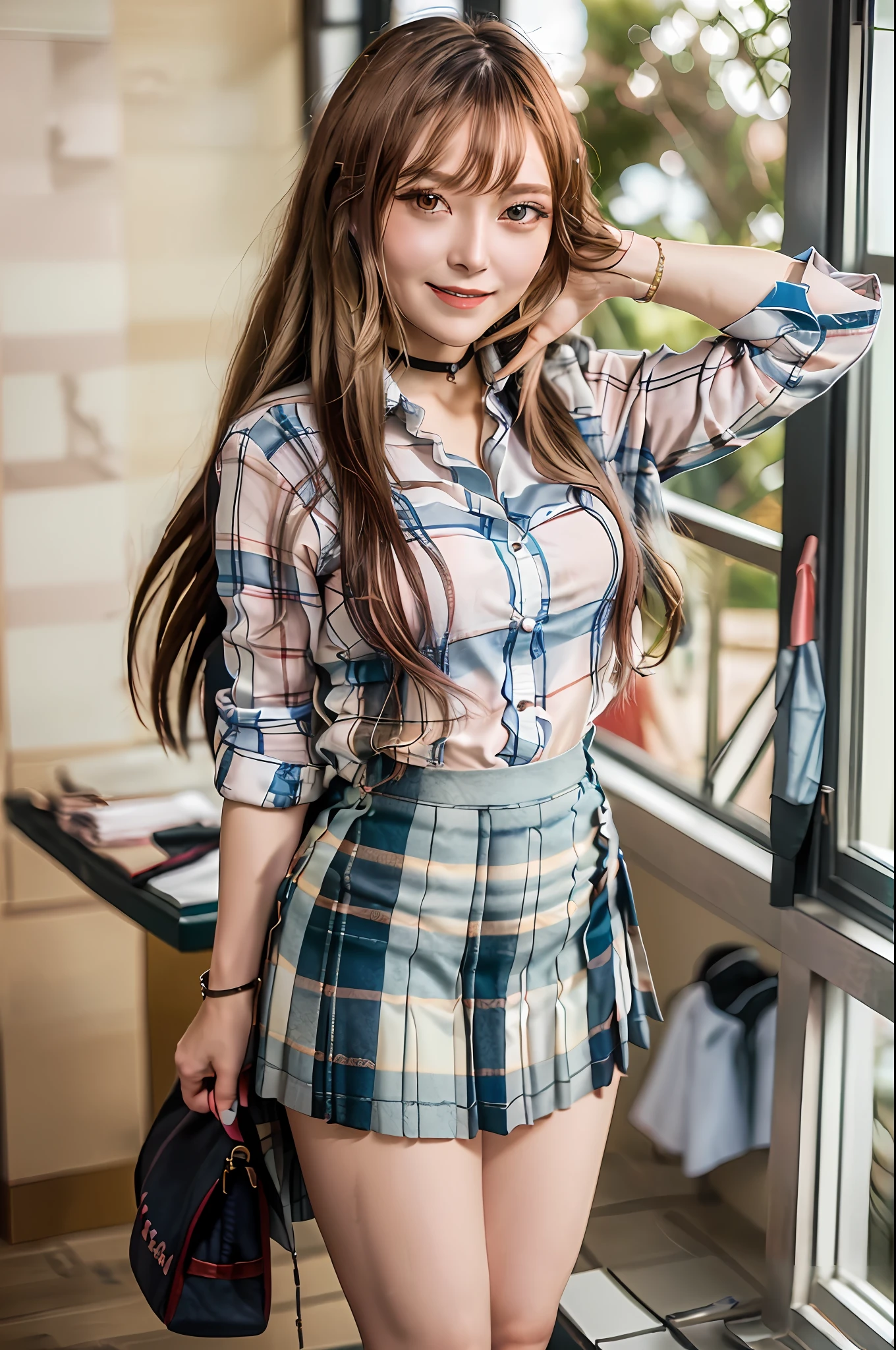 (((Marin Kitagawa))), (masterpiece, best quality), ((extremely detailed, intricate details, lush detail, insanely detailed face, beautiful red eyes, lips, detailed skin, very wide-eyed, skinny)), (( floating hair, shiny skin)), (1girl), wide hips, narrow waist, thick thighs, ((big pupil)) , nervous, ((happy, smile, long hair, younger, blush, tall, black outline, blonde hair, straight hair, seductive eyes, mature female, older, very long hair)), 1girl, toned, ((((indoors, in front of a big window, light shining through window, upper body focus)))), solo, blonde hair, school uniform, skirt, necktie, shirt, shoes, choker, jewellery, white shirt, socks, smile, brown footwear, black socks, looking at viewer, loafers, blue skirt, multicolored hair, plaid, pleated skirt, tied shirt, black choker, bangs, plaid skirt, bracelet, earrings, standing, blue necktie, grin, collared shirt, (((hands behind back, 1girl)))