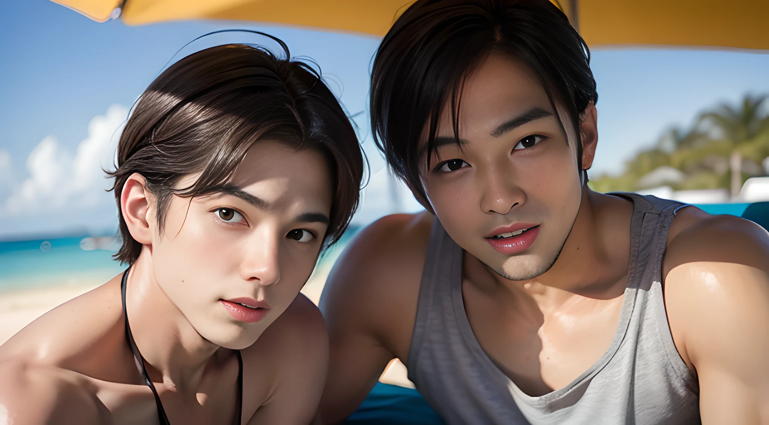 (Two men), (head shot), (Face only), Two American handsome muscular men in their 20s、Sitting on a beach chair by the sea with a rainbow color parasol, they are wearing men's tanktops, mischievous smile, (small details: 1 in 1), natural muscles, hig quality, beautiful eye, (detailed face and eyes), (Face、: 1 / 2), noise, real pictures、... .....PSD, Sharp focus, High resolution 8K, Real & Professional Photography, 8k UHD, Soft lighting, High Quality, Film Grain, Fujifilm XT3