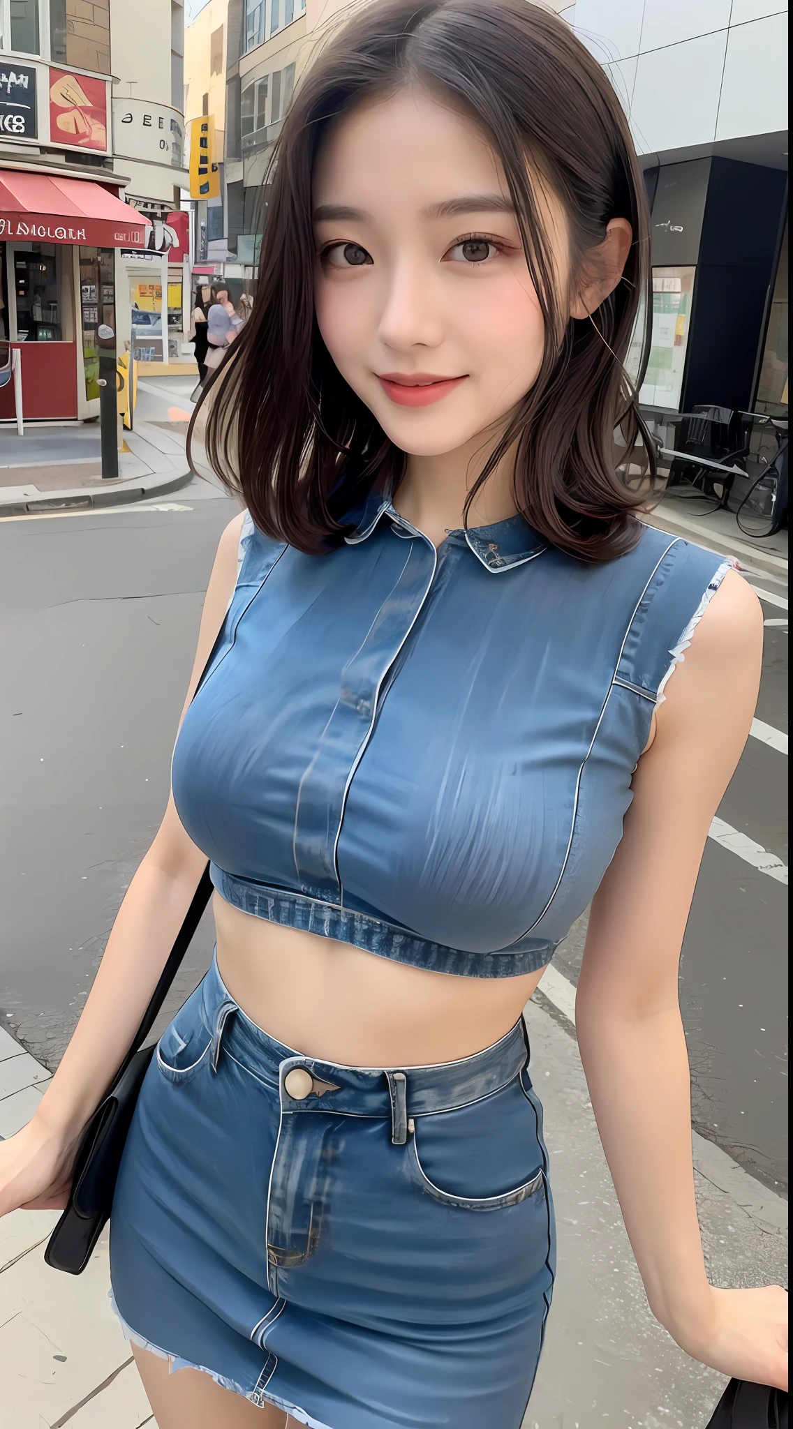 ((Best Quality, 8K, Masterpiece: 1.3)), 1girl, Slim Abs Beauty: 1.3, (Casual hairstyle, Big breasts: 1.2), Dress: 1.1, Super fine face, Delicate eyes, Double eyelids, smile, Street shot