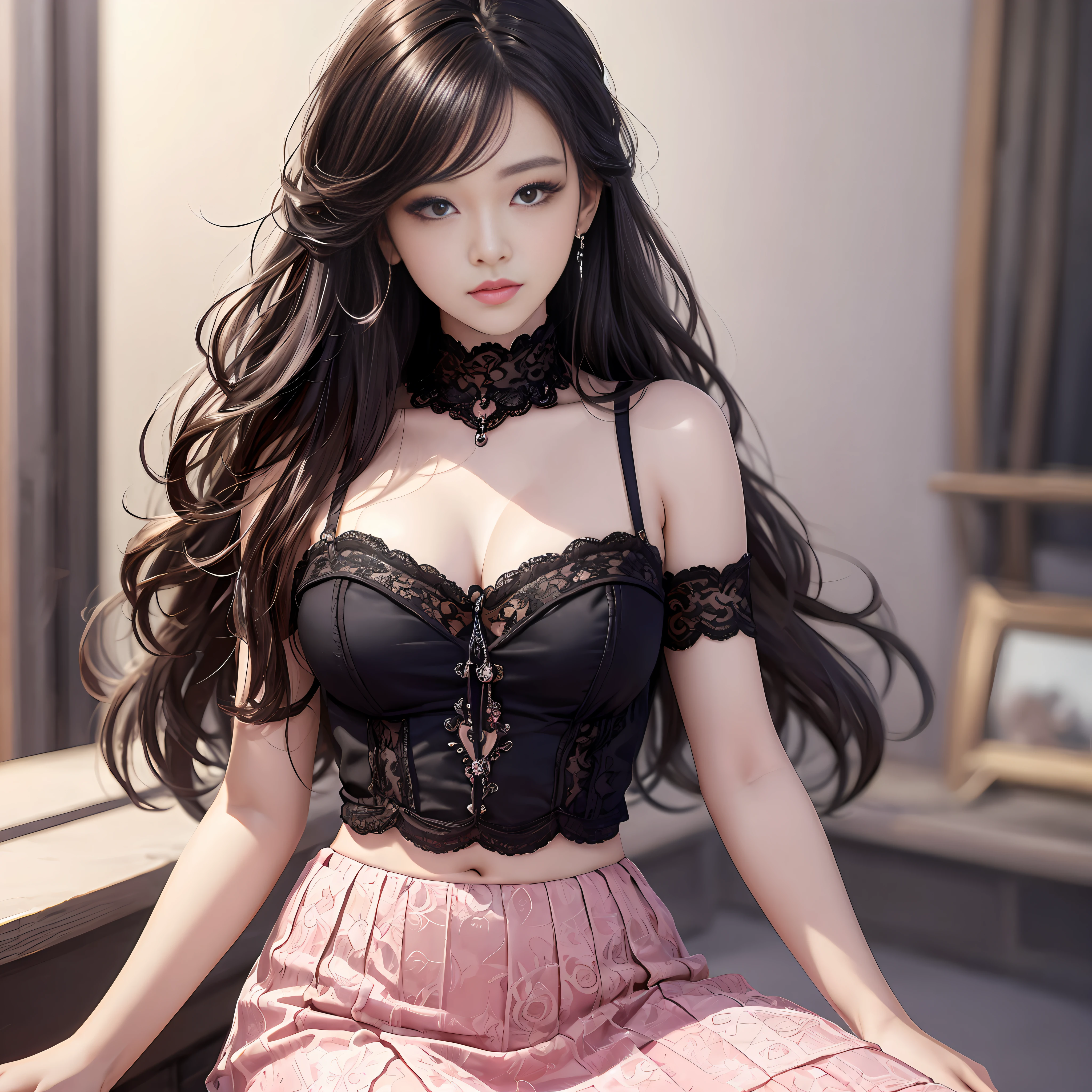 Masterpiece of the best quality, very detailed details, detailed eyes, art, cover, idol, sexy, realistic, a 20-year-old Asian girl, long and fluffy black hair, delicate fair face, rich expression eyes, pink lace skirt, full of femininity, in the bright spotlight, visual spectacle --auto
