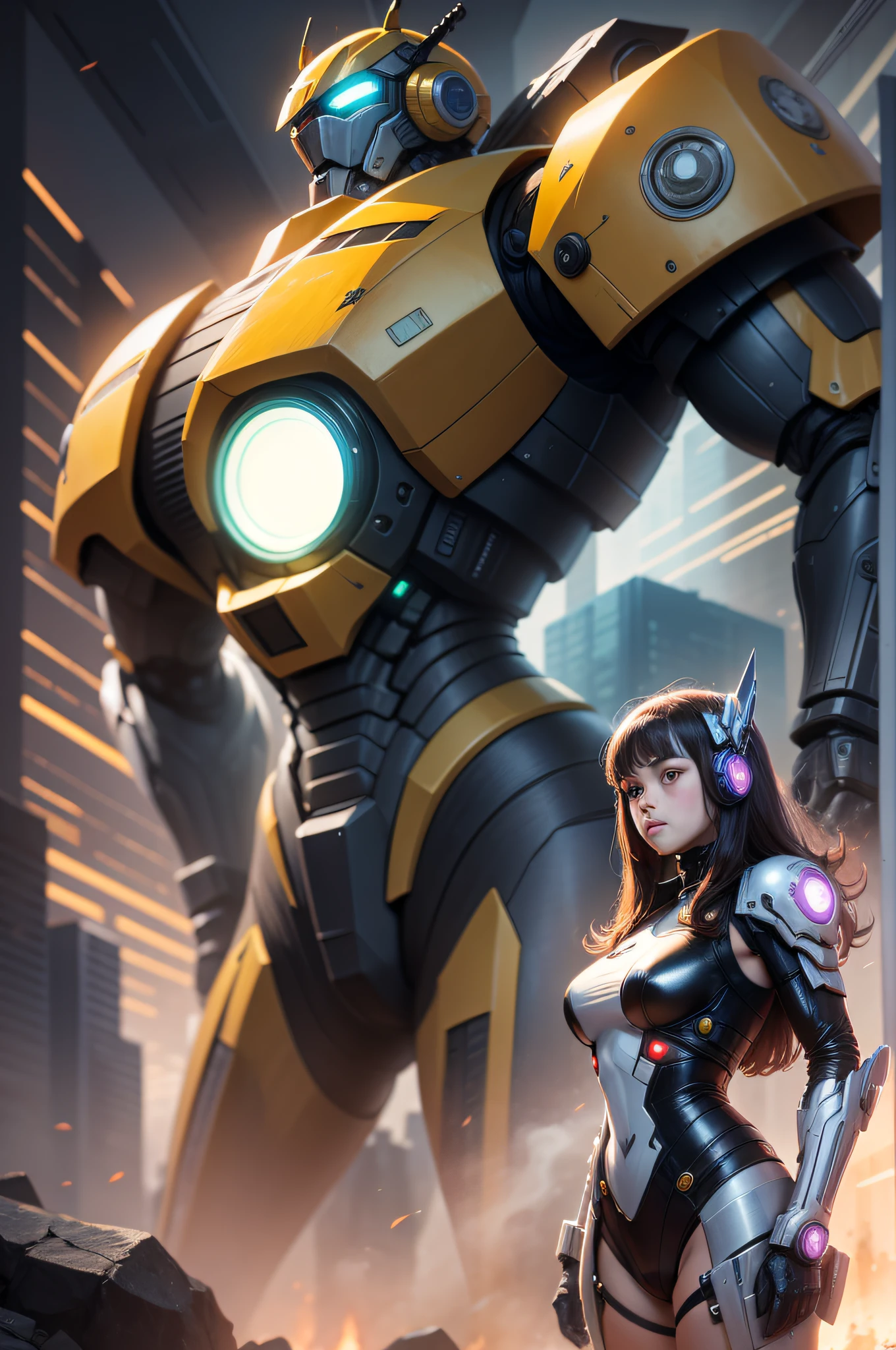 8K RAW，master-piece，best qulity，The cyberpunk，Huge mech（Transformers，Bumblebee），arma（cannon），A 16-year-old girl stands in front of an audience
