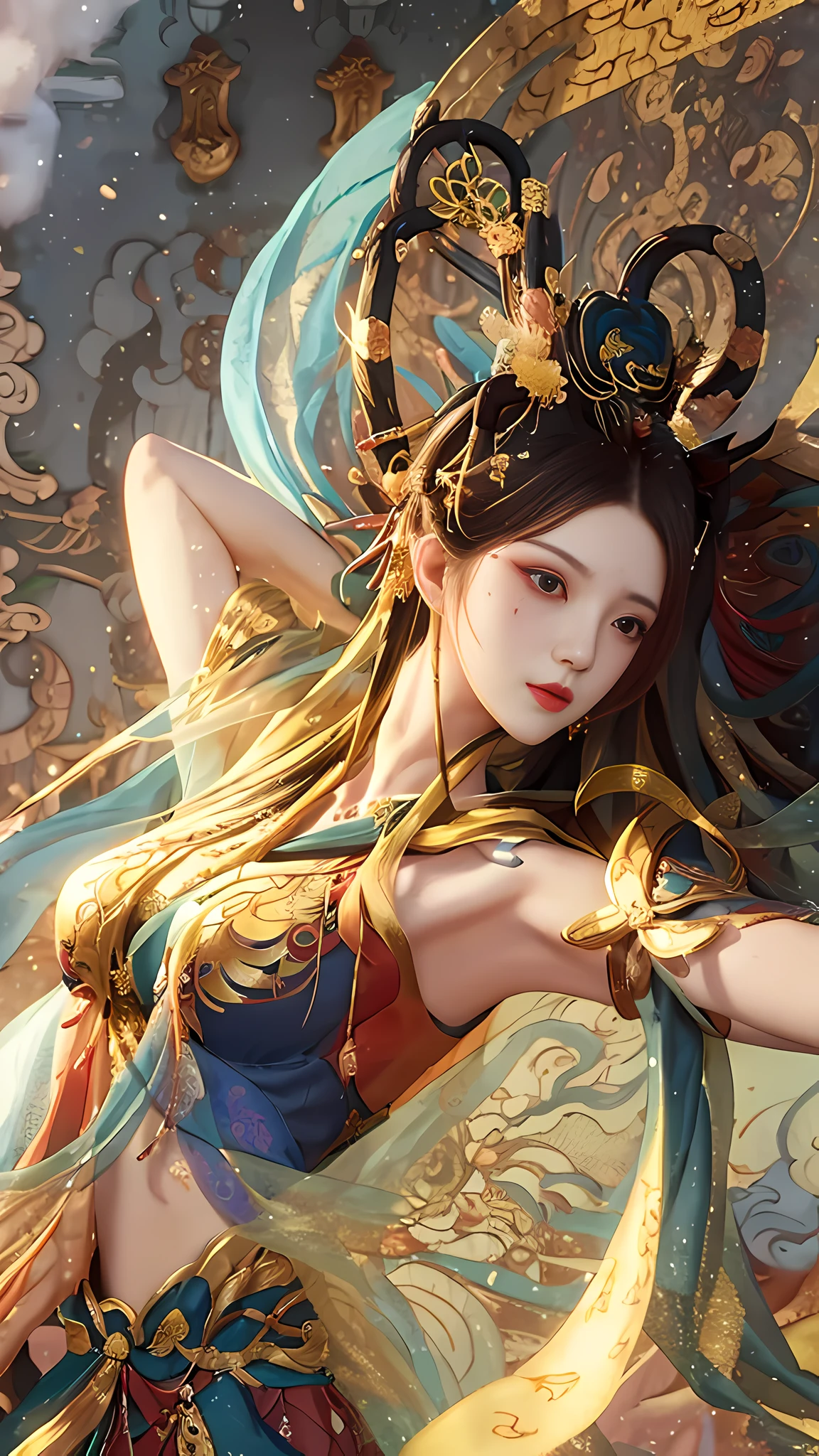 best qulity，master-piece，Best lighting，Hold the lute，Close-up of a woman in a costume, Beautifully gorgeous dress，trinkets，headpieces，a beautiful fantasy empress, trending on cgstation, inspired by Lan Ying, Ruan Jia and Artgerm, queen of the sea mu yanling, by Yang J, trending at cgstation, Artgerm and Ruan Jia, inspired by Pu Hua, inspired by Zhao Zuo，