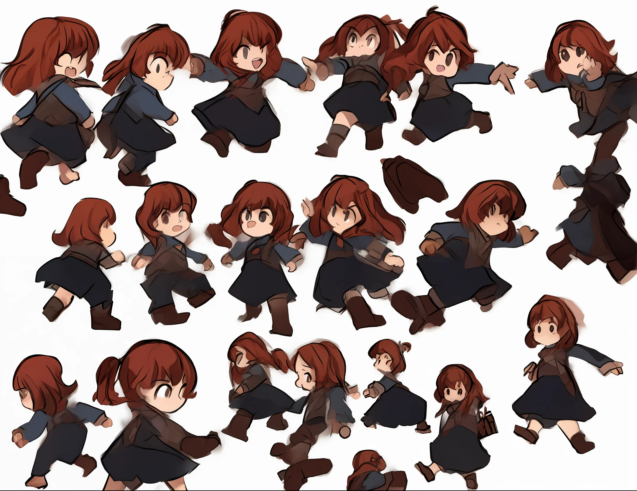 A , several poses, walking, ruining, idle, jumping, white background. Game sheet