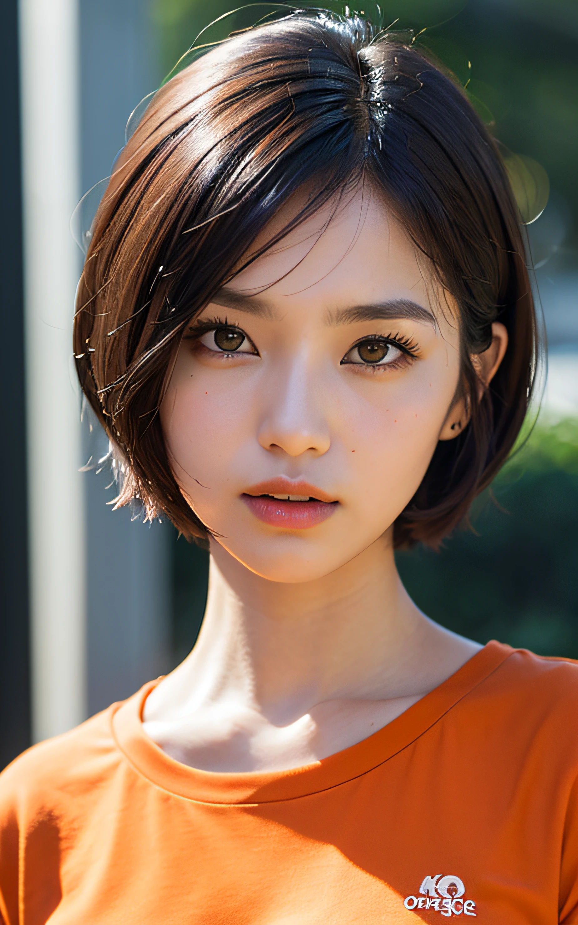1man, a 18 y.o female, singaporean, (((wearing fit orange gorange shirt))), soft lighting,Comb-over hairstyle, masterpiece, best quality, 8k uhd, dslr, film grain, Fujifilm XT3 photorealistic painting art by midjourney and greg rutkowski,half body,black Pixie Cut  hair style，(((face front ))),fit body