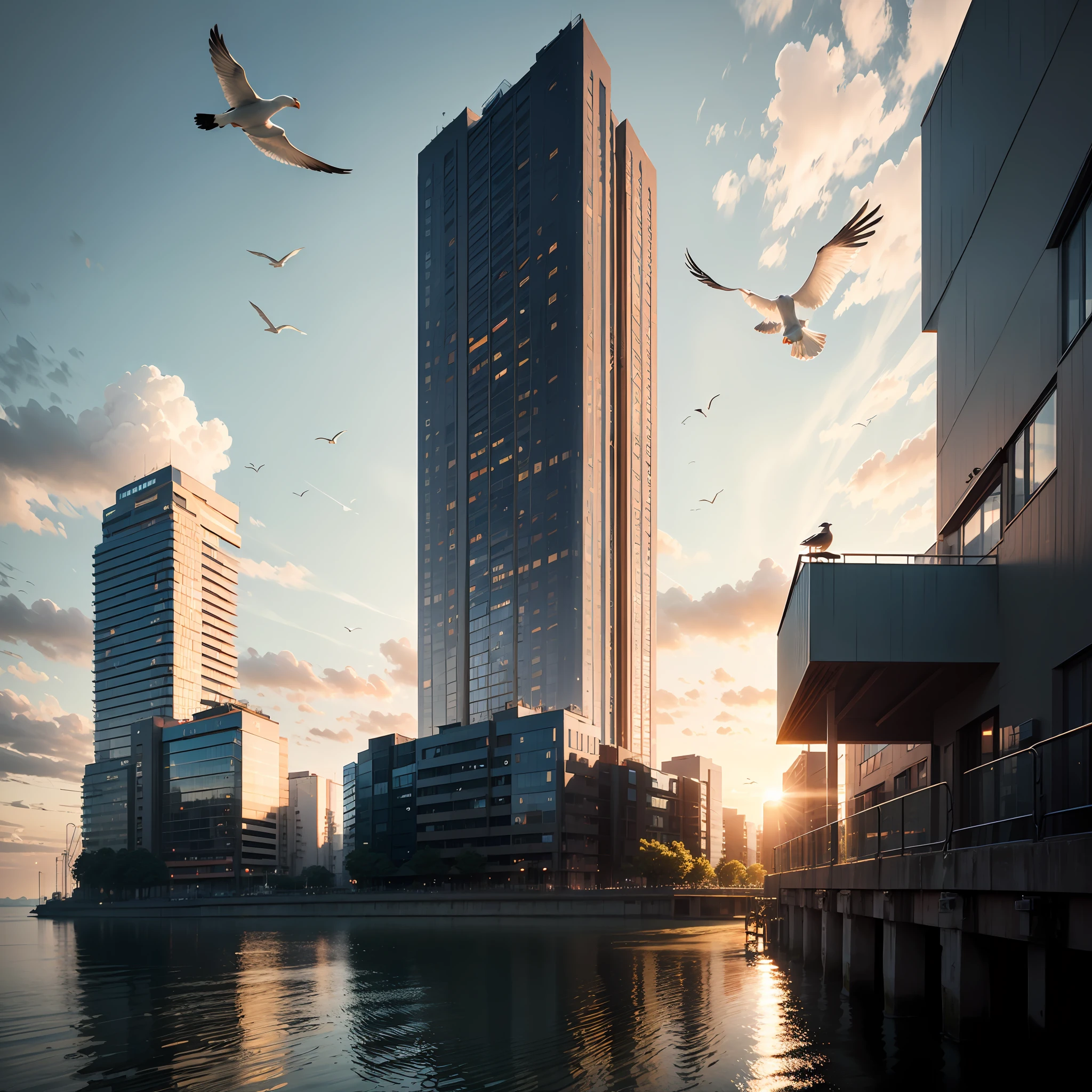 the sea,Seagulls in the sky,dusk,Evening clouds,The golden sun rises in the distance, sea waves,seagulls,Modern tall house in the distance --auto