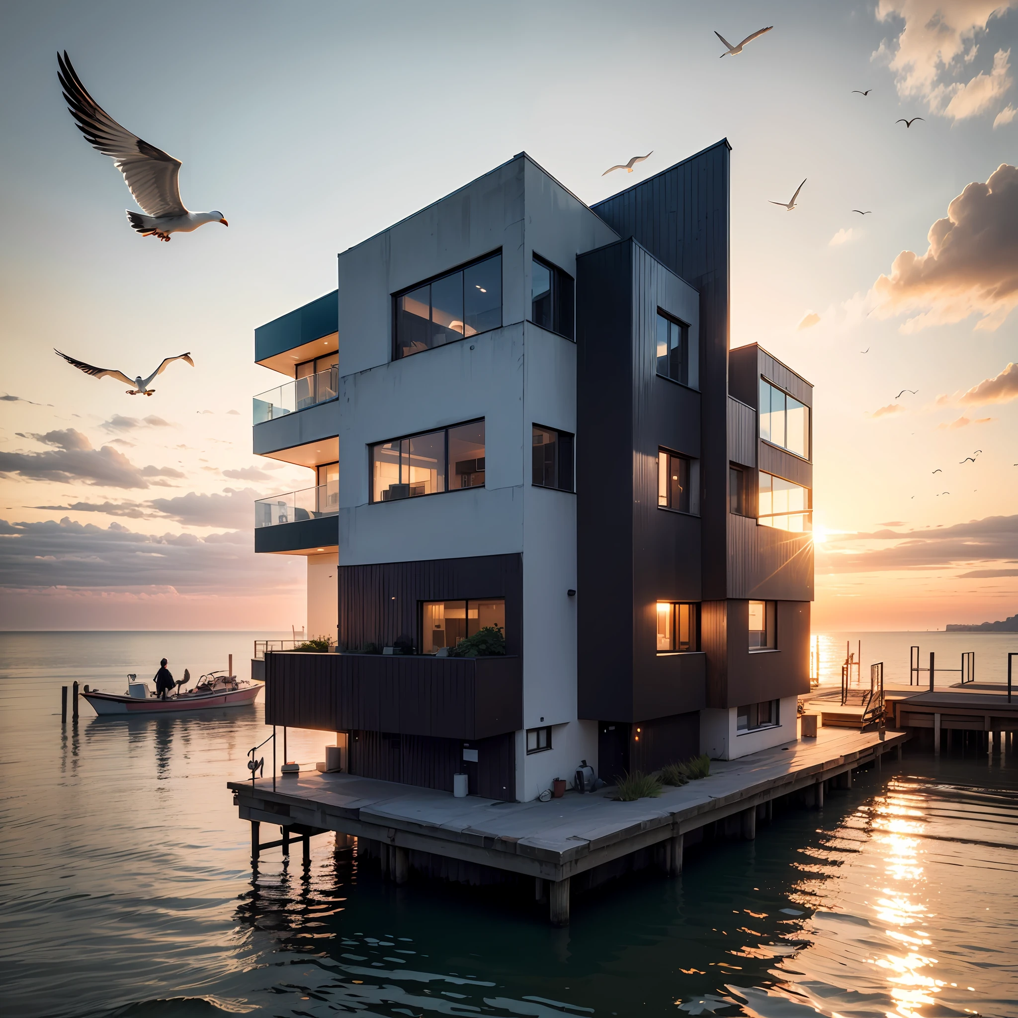 the sea,Seagulls in the sky,dusk,Evening clouds,The golden sun rises in the distance, sea waves,seagulls,Modern tall house in the distance --auto