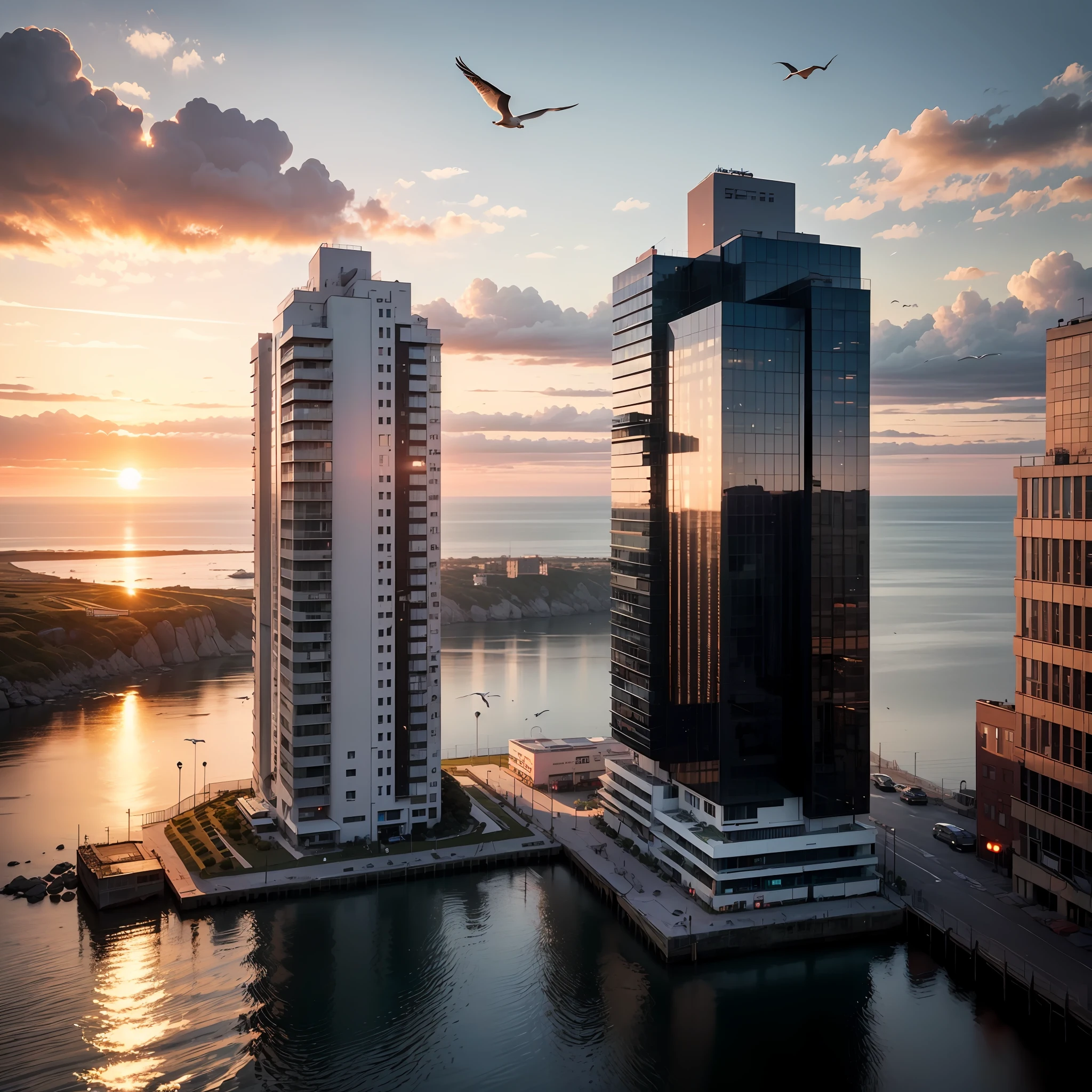 the sea,Seagulls in the sky,dusk,Evening clouds,The golden sun rises in the distance, sea waves,seagulls,Modern tall house in the distance --auto