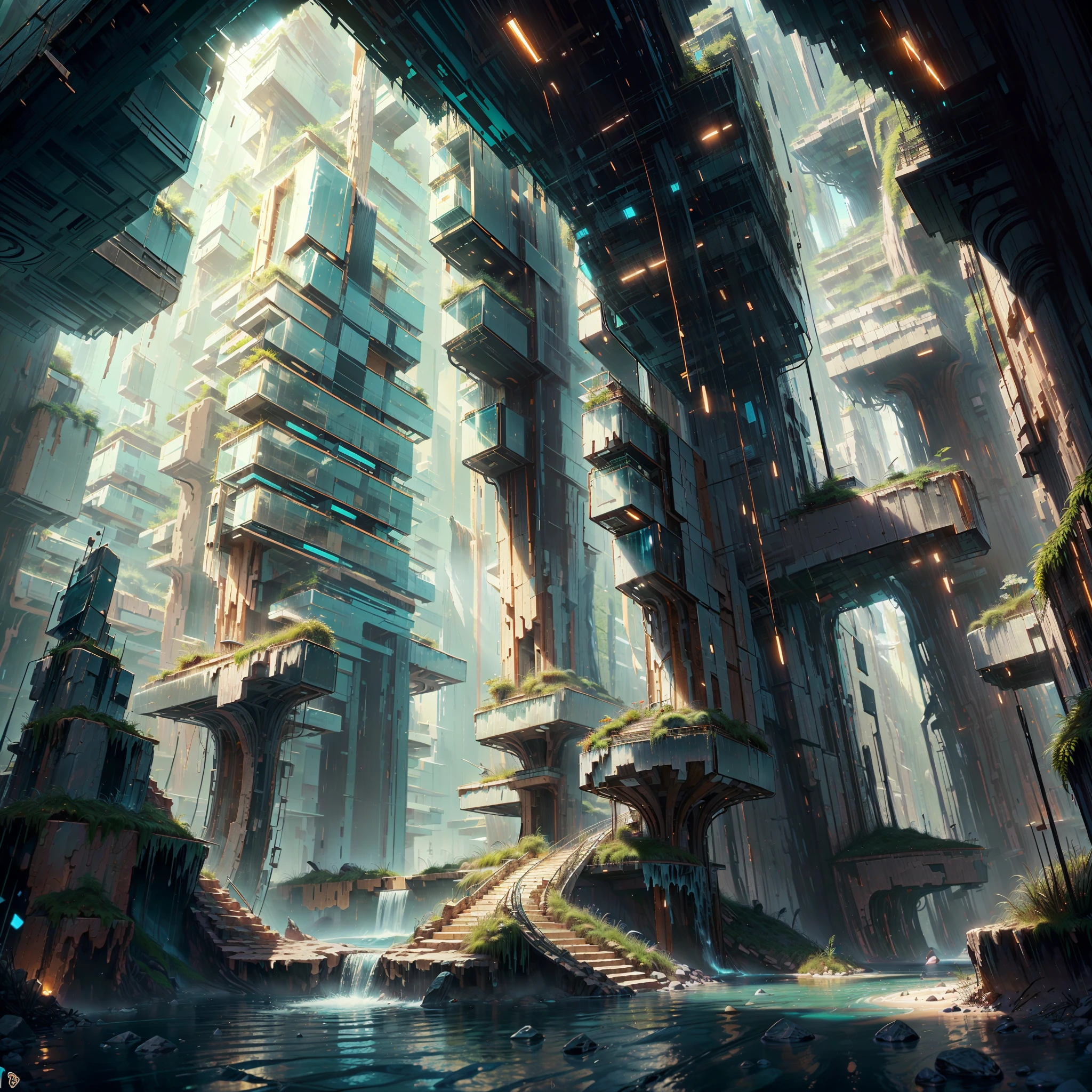 :an awesome sunny cheerful day environment concept art of Futuristic design of cave architecture interiors concept art on grand Canyon caves nature architecture, proportional,detailed, cave architecture nature meets futuristic architecture on a rainforest jungle cliff with huge waterfalls,Crepuscular rays, nature meets modern architecture in the style of Aries Moross, Rem Koolhaas,Daniel Libeskind, Jean Nouvel, Paolo Soleri,Toyo Ito and Philip Johnson with Dry brush drawing style ,Chiaroscuro village,cliff side residential area, mixed development,nature architecture,bright colors,high rise made up staircases, balconies, full of glass facades,carved from rocks, masterpiece, proportional, detailed, trending on artstation, beautiful lighting, realistic, intricate