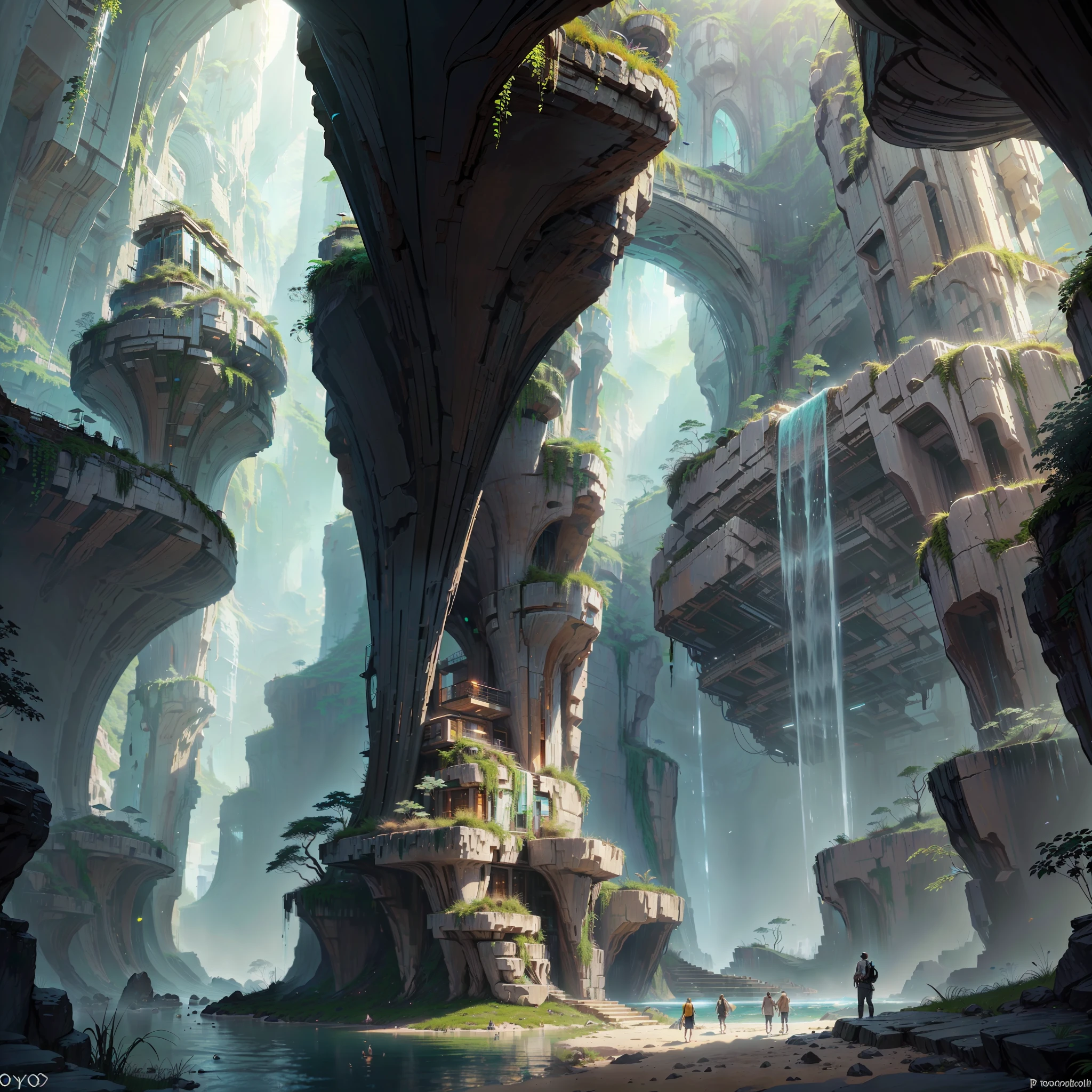 :an awesome sunny cheerful day environment concept art of Futuristic design of cave architecture interiors concept art on grand Canyon caves nature architecture, proportional,detailed, cave architecture nature meets futuristic architecture on a rainforest jungle cliff with huge waterfalls,Crepuscular rays, nature meets modern architecture in the style of Aries Moross, Rem Koolhaas,Daniel Libeskind, Jean Nouvel, Paolo Soleri,Toyo Ito and Philip Johnson with Dry brush drawing style ,Chiaroscuro village,cliff side residential area, mixed development,nature architecture,bright colors,high rise made up staircases, balconies, full of glass facades,carved from rocks, masterpiece, proportional, detailed, trending on artstation, beautiful lighting, realistic, intricate