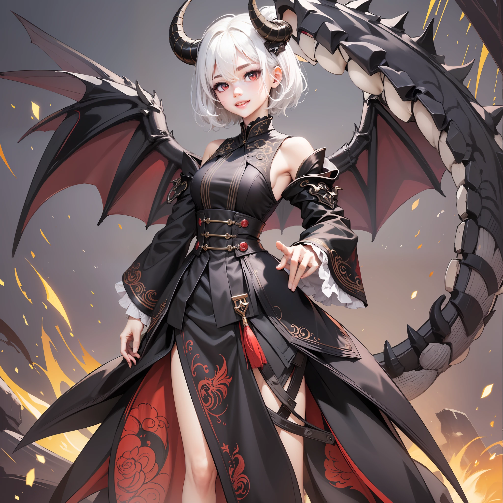 1girl、Dragon、Red eyes、Sharp eye light、Student uniform、Sorrisos、White hair、Dragon Wings、Dragon's horn、Dragon's tail,1girl、Dragon、Red eyes、Sharp eye light、Student uniform、Sorrisos、White hair、Dragon Wings、Dragon's horn、Dragon's tail,