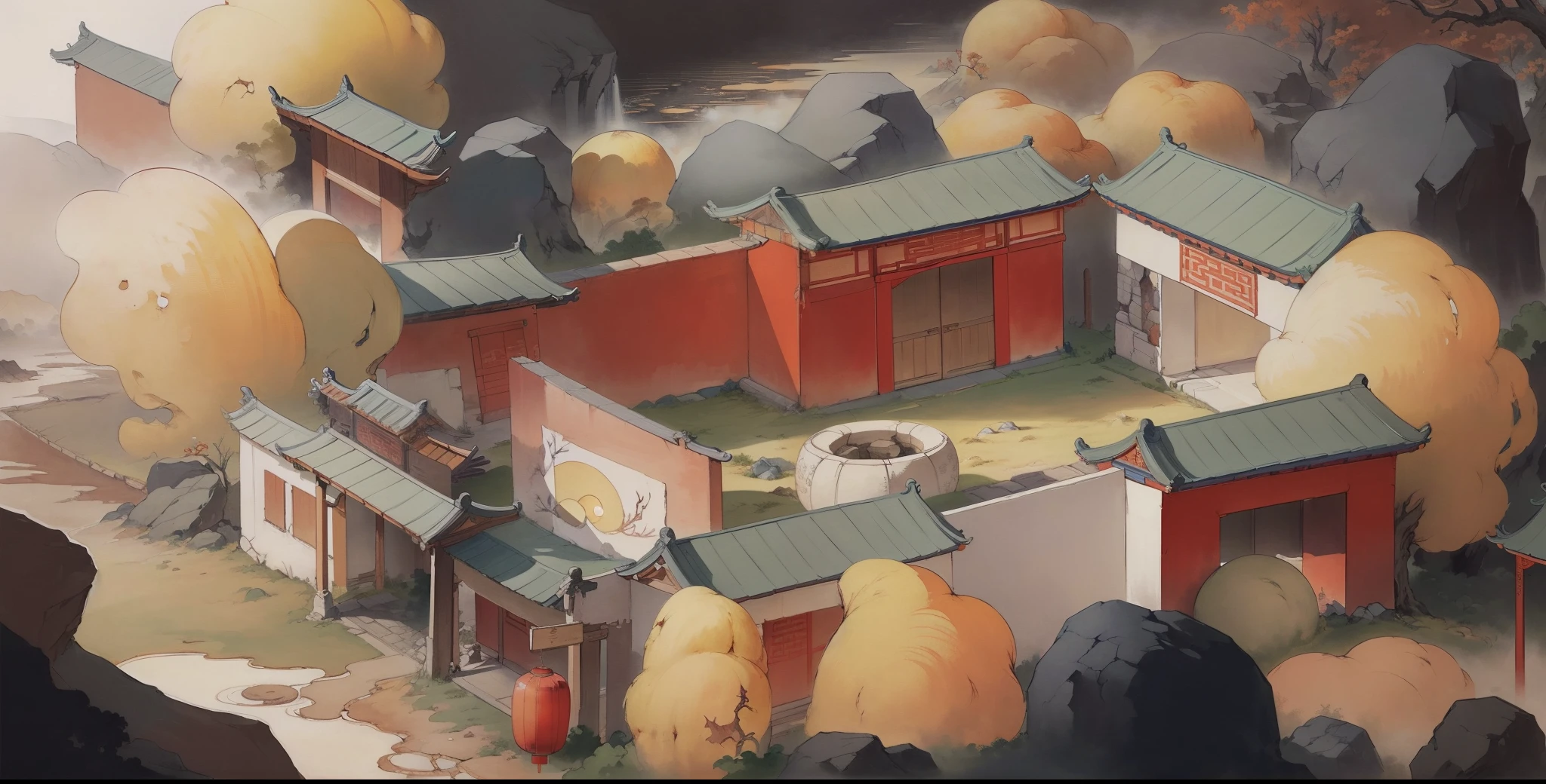 Ancient Chinese landscapes,ancient buildings,Pavilions,Carved beams and paintings,enchanting scenery,night,moon rays,Layered, rich light and shadow,mid-autumn festival, Ink painting style,clean color,Low-saturation colors,Colors of low brightness,Decisive cut,Leave white space,Freehand,master-piece,is super detailed,Epic composition, Maximum quality,The ultra-Realistically,Art by Artgerm --v 6