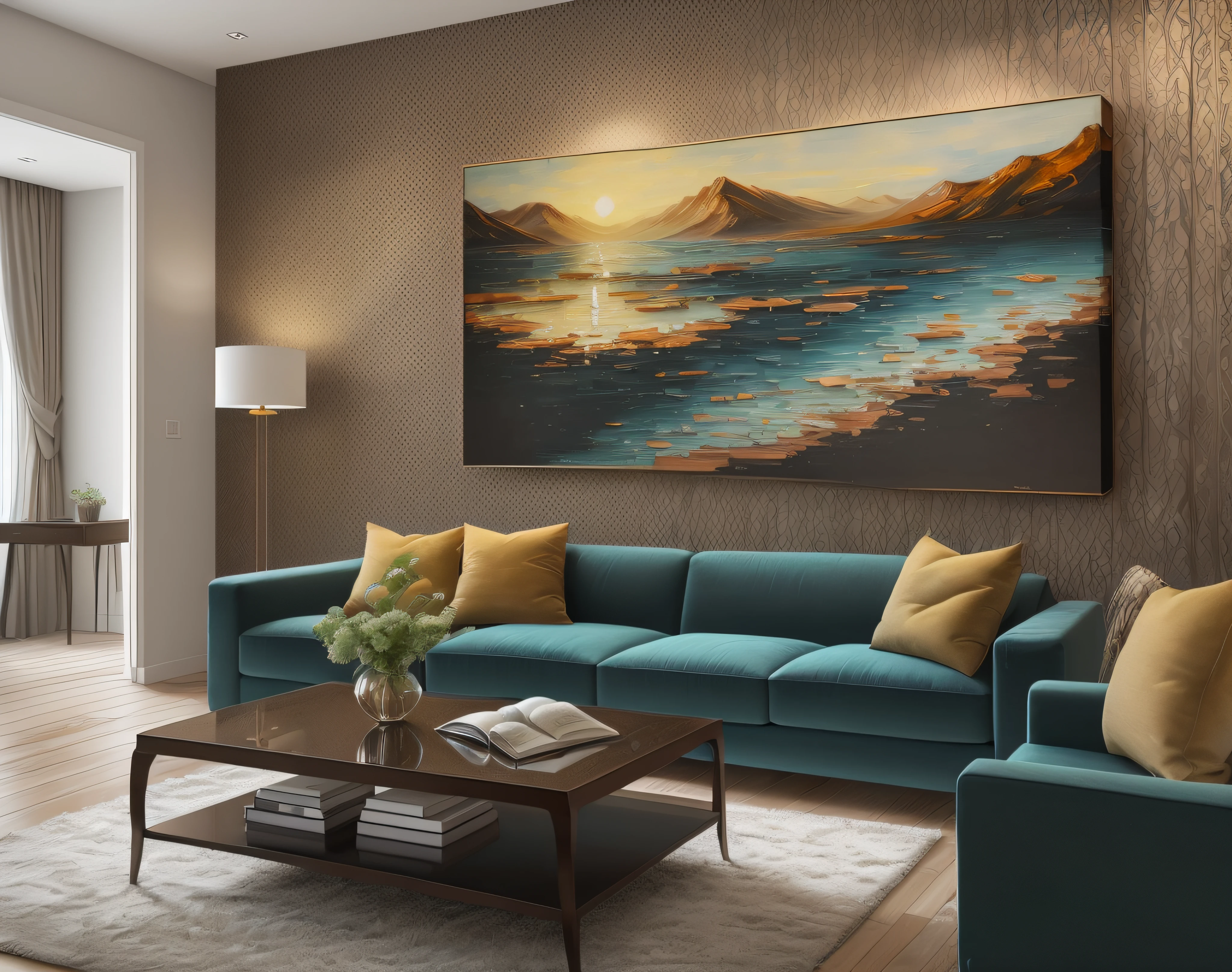 ((best quality)), ((masterpiece)), (detailed), interior design, cozy living room, decorative artwork on the wall, (realistic:1.1), (spacious layout:1.2), (modern aesthetics:1.1), (inviting atmosphere:1.2), (ample natural light:1.1), (stylish furniture:1.1), high-end finishes, (captivating color scheme:1.2), (impressive details:1.1), (comfortable seating:1.1), (harmonious balance:1.2), (artistic focal point:1.1), (large-scale painting:1.1)