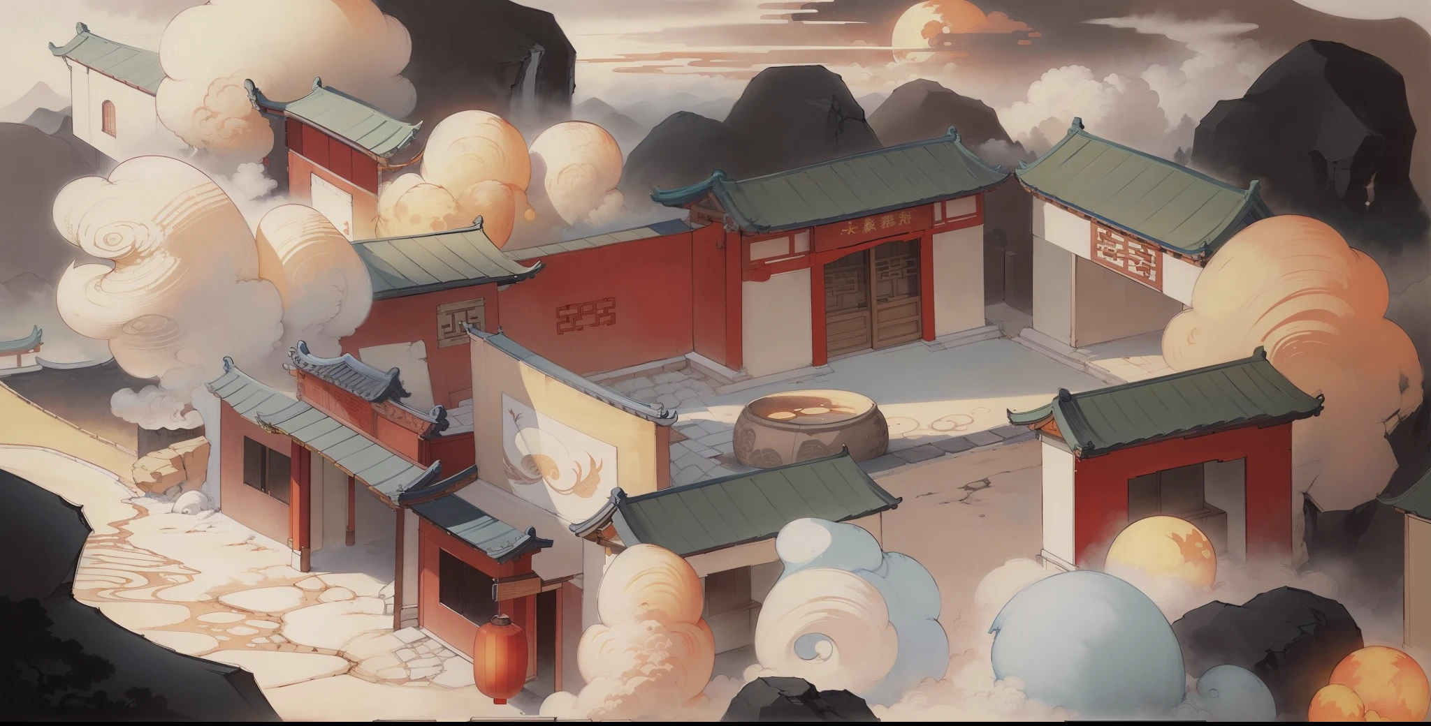 Ancient Chinese landscapes,ancient buildings,Pavilions,Carved beams and paintings,enchanting scenery,night,moon rays,Layered, rich light and shadow,mid-autumn festival, Ink painting style,clean color,Low-saturation colors,Colors of low brightness,Decisive cut,Leave white space,Freehand,master-piece,is super detailed,Epic composition, Maximum quality,The ultra-Realistically,Art by Artgerm --v 6