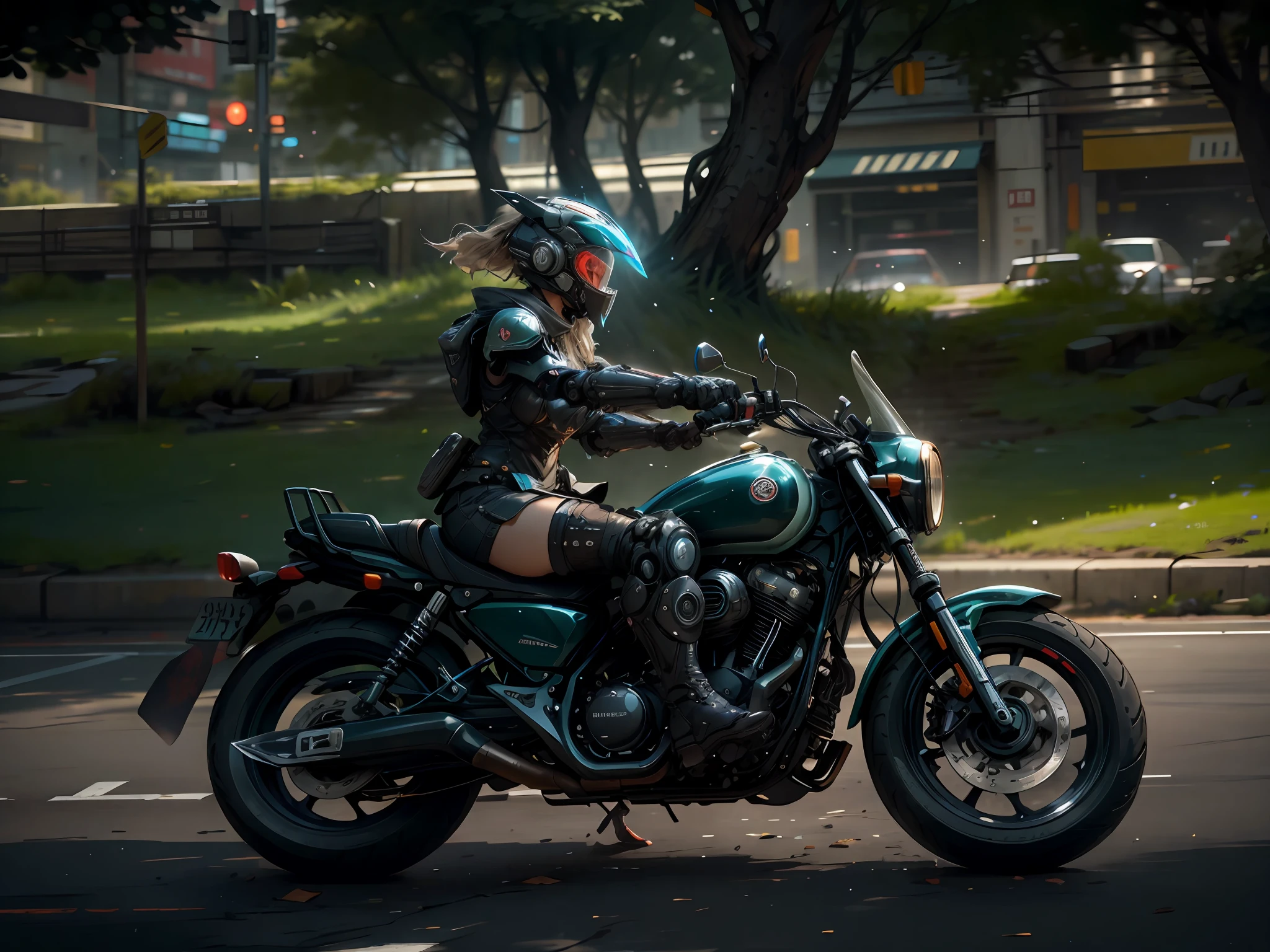 Woman riding a motorcycle on city street,Grass and trees in the background,Bright colors,riding a motorbike,1girls,Future armor,The cyberpunk,motorbike,riding a motorbike,motorbiker,Ride a futuristic motorcycle,ridden,Speeding on a motorcycle,riding a motorbike down a street,headpiece,yoshimura exhaust,((hyper detailed)),((Black helmet)),(Detailed mech arm),8K,((Realistic armor)),