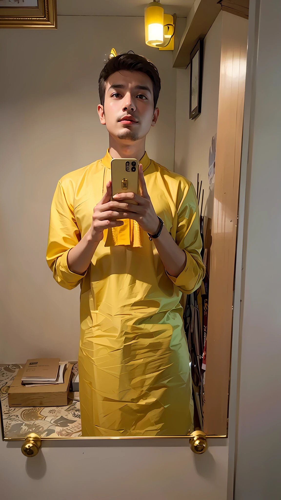 there is a man taking a selfie in a mirror, wearing a kurta, wearing a silk kurta, with yellow cloths, around 1 9 years old, king in yellow, on a yellow canva, full body picture, wearing a fisher 🧥, wearing wheat yellow gauze, wearing an old tunic, traditional clothes