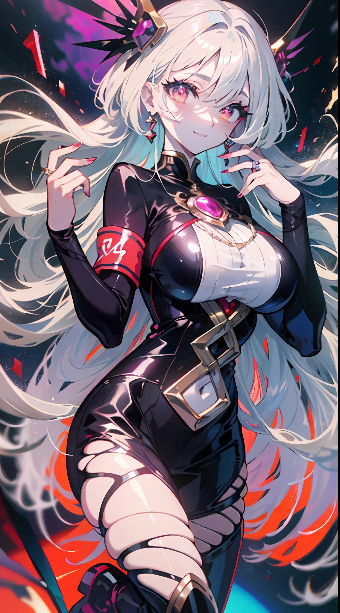(Simple hands:0.5)+(Detailed hands:0.7),(master-piece),(best qulity),Red eyes,1girls,Pale skin,white hair,Red eyes,two tone hair,Lashes,armband,jewelries,smiled,gleaming skin,Shiny hair,Detailed and majestic stage,fantastical,slong hair,1girl with big breasts,two tone hair,night sky, Incredibly detailed CG illustration masterpiece,looking at you,animesexy,beautiful anime eyes, beautifuldetailedeyes, urple eyes, shiny glistening eyes, Red eyes, (full - body), (curved lines),