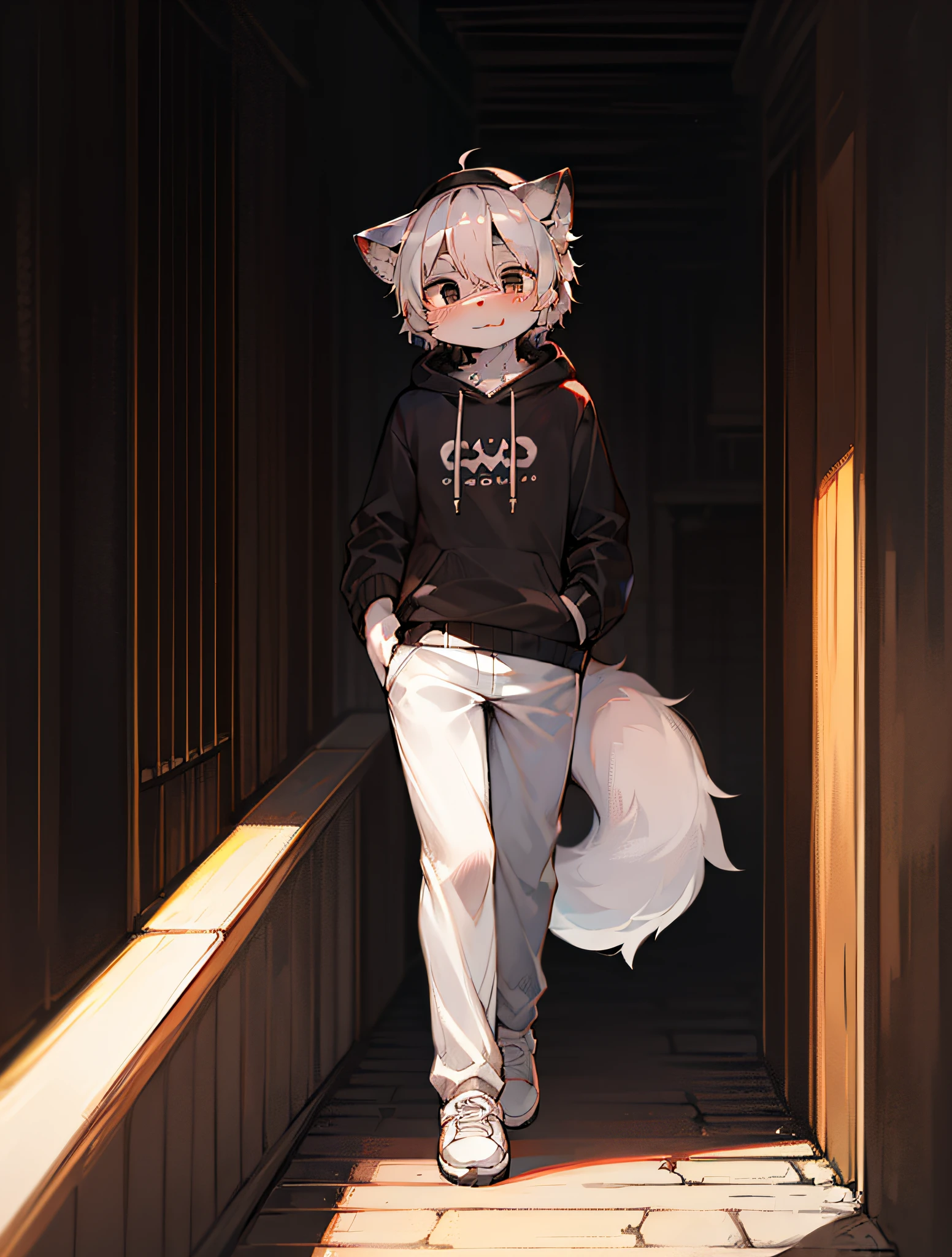 Masterpiece,high qualit,abstract res,Digital painting\(artworks\), By Dagasi, Yupa,Kiyosan,(anthro,Fluffy fur,Character focus:1.1),anthro male cat,Short hair,Portrait , Bright eyes, Panoramic view, Character focus.(Detailed background:0.7), 独奏, shaggy, Hairy male, Male focus, anthr,(Full body fur, Fluffy tail, Black and white fur, Black eyes, Black and white hair:1.2), (animals、White sweatshirt、White trousers、eye glass、Headset、Headwear、White shoes：1.2），（exterior、During the Day、parque：1.1）