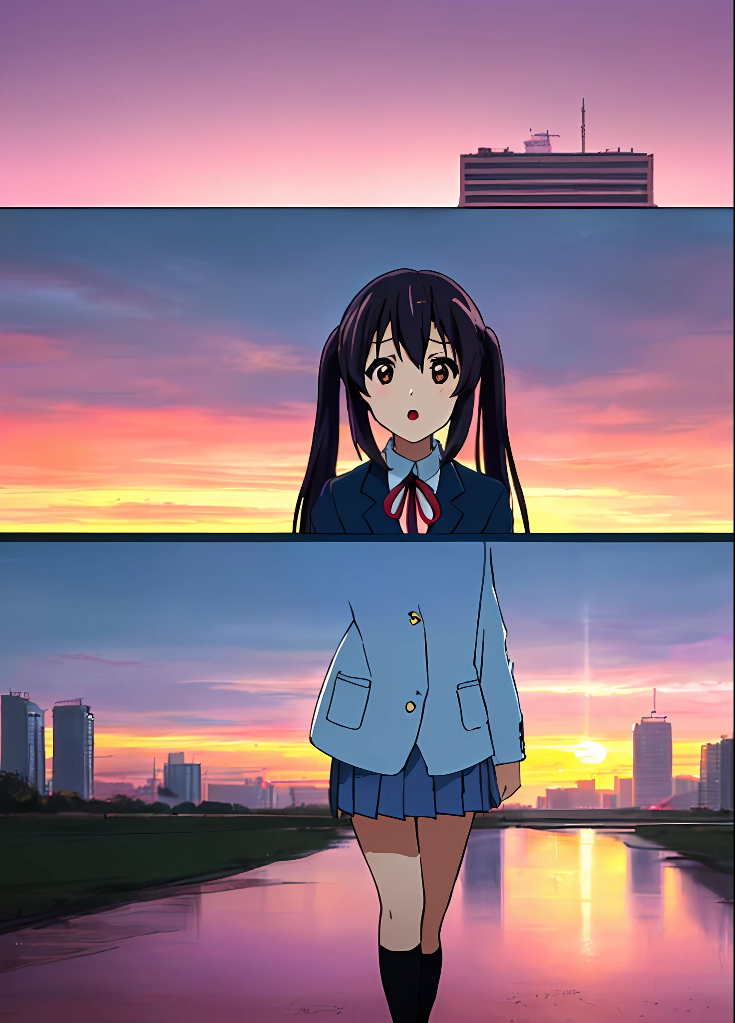 1girl, ((((Masterpiece))), Best Quality, Best Quality, High Detail, Azusa Nakano, 1girl, Sakuragaoka High School Uniform, Musical Instrument, School Uniform, Twin Tails, Long Hair, Black Hair, Brown Eyes, Solo, Red, Dark blue blazer with a thin ribbon of red, Solid white on shirt under blazer, Illustration, Cartoon, Soothing tones, Muted colors, Soft cinematic light, Adobe Lightroom, Photo Lab, HDR, complex and highly detailed, (((depth of field))))). (((Masterpiece))). (((highest quality))).) ((super detail))). (((Illustration))). (((fighting stance))).,((((Gigantic))).dynamic focus. (((skyscrapers))). (((Cityscape))). (((Despair Face))). open mouth. (((Sunset))). (((Sunset))). (((clench fists))). (((Proud))). (((small brea